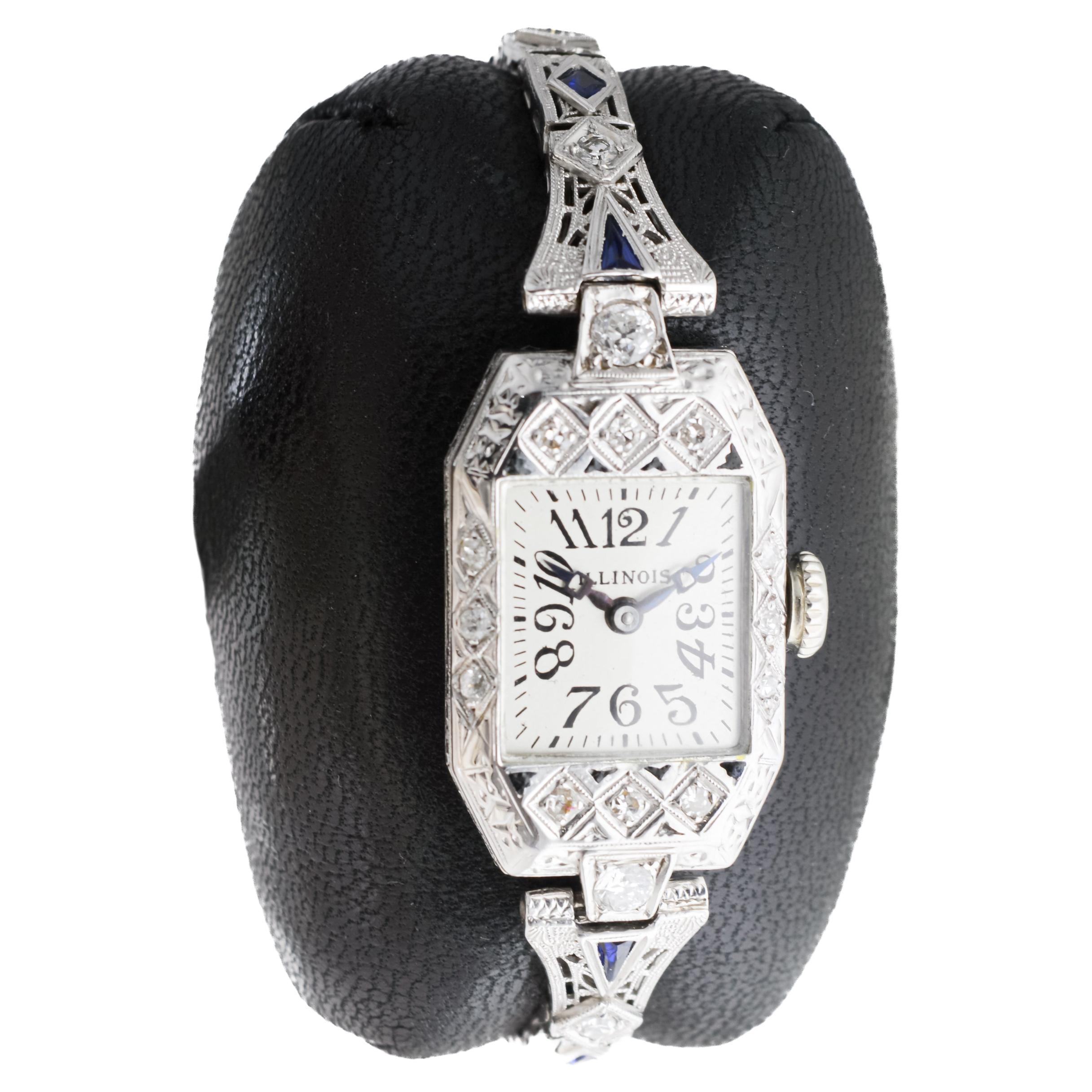 Illinois 18Kt Solid White Gold Art Deco Ladies Watch circa In Excellent Condition In Long Beach, CA