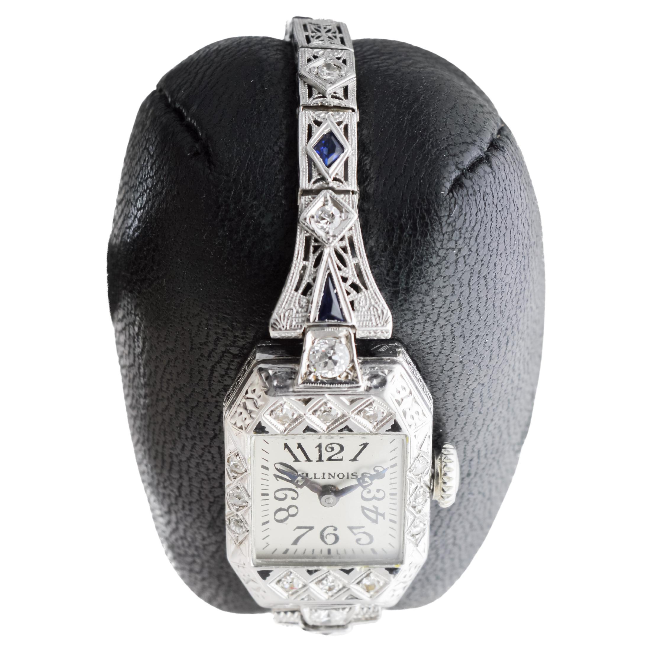 Illinois 18Kt Solid White Gold Art Deco Ladies Watch circa 1