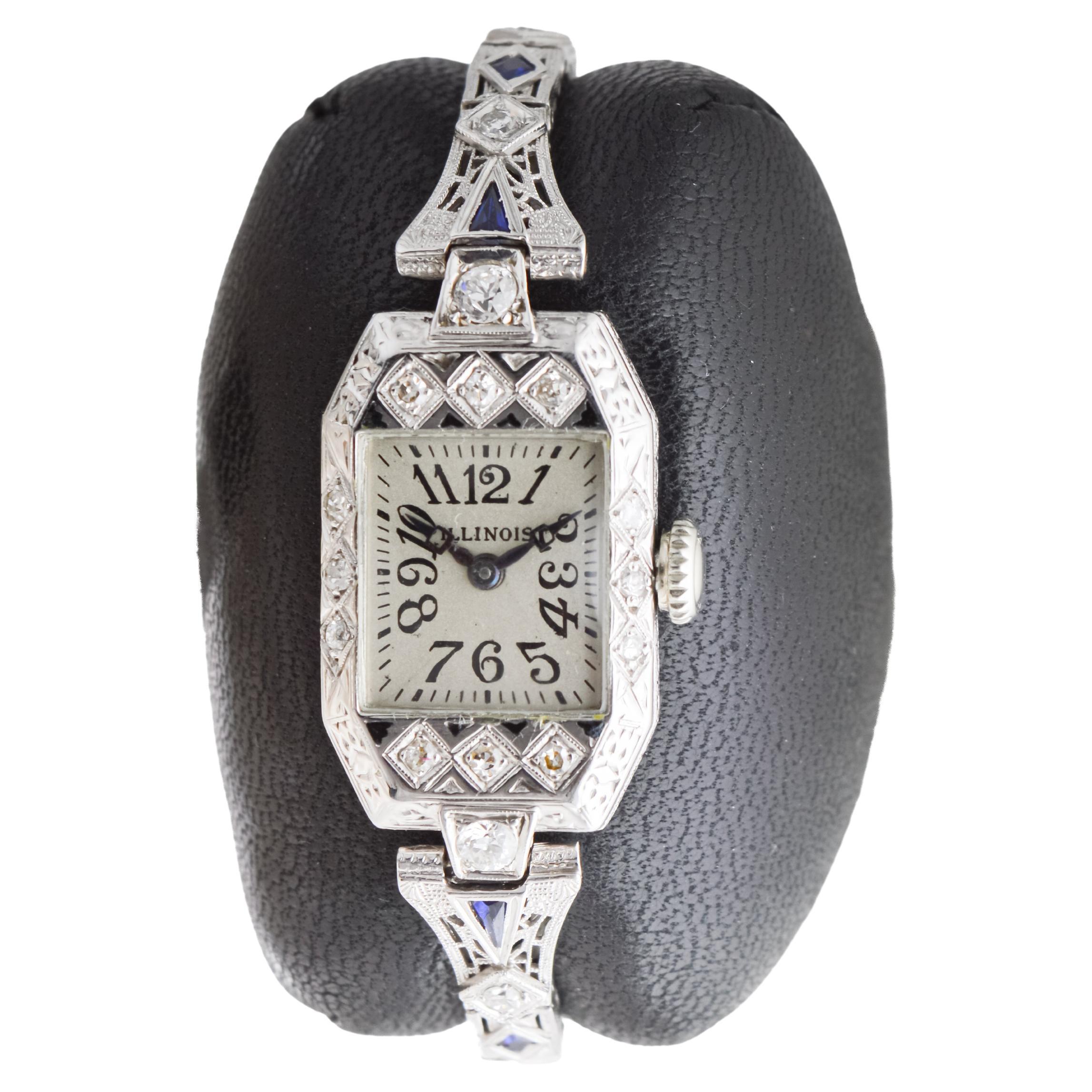 Illinois 18Kt Solid White Gold Art Deco Ladies Watch circa 2