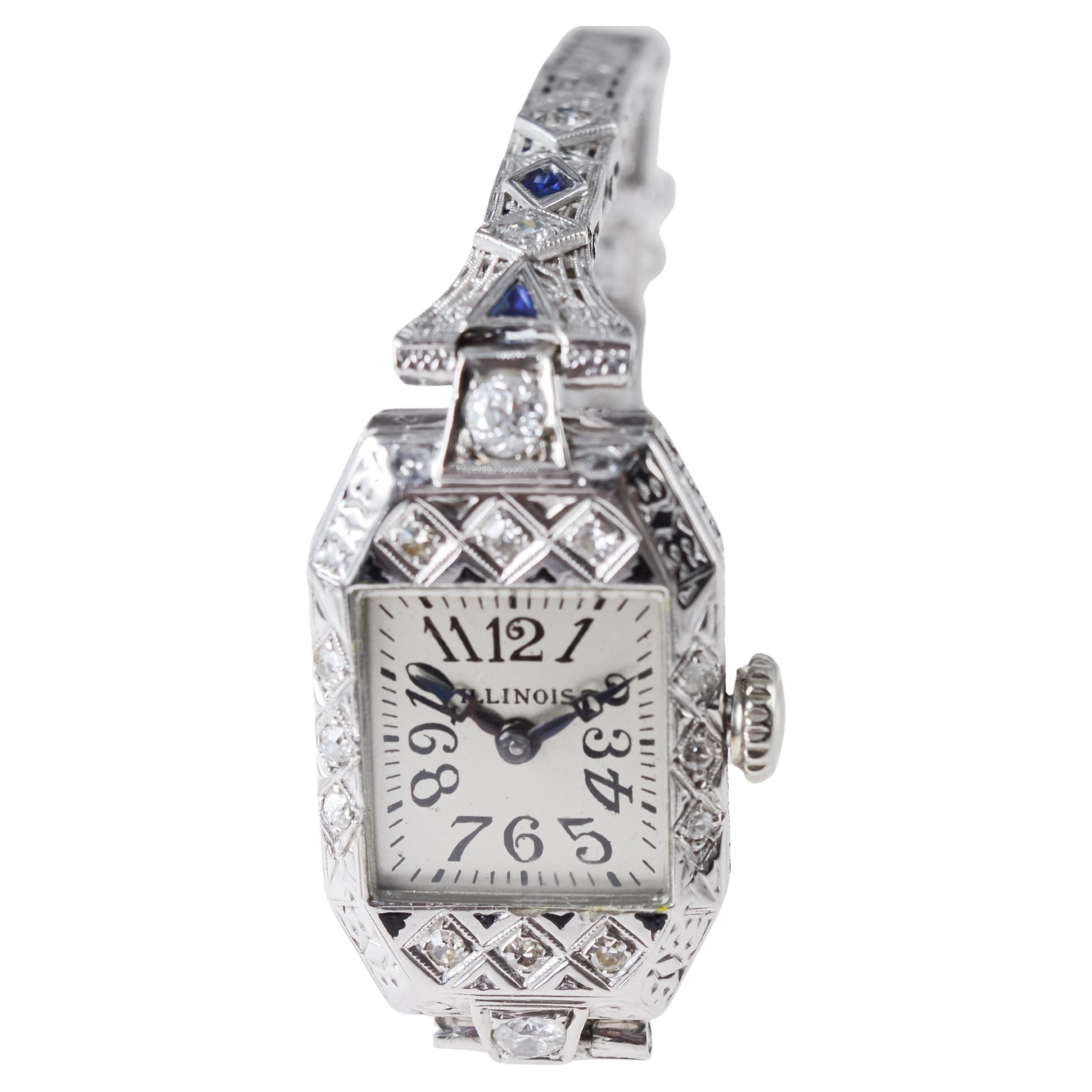 Illinois 18Kt Solid White Gold Art Deco Ladies Watch circa 4