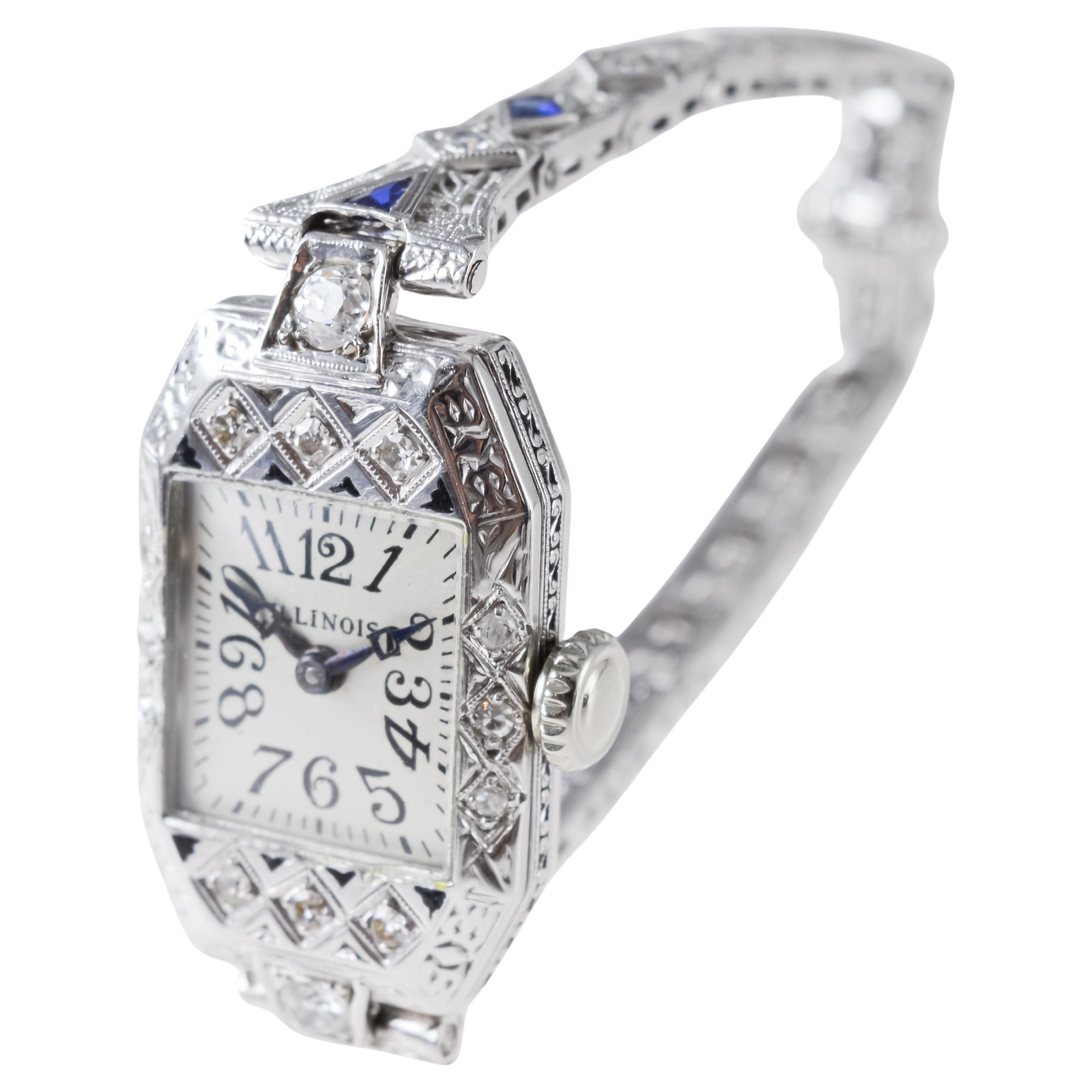 Illinois 18Kt Solid White Gold Art Deco Ladies Watch circa 5