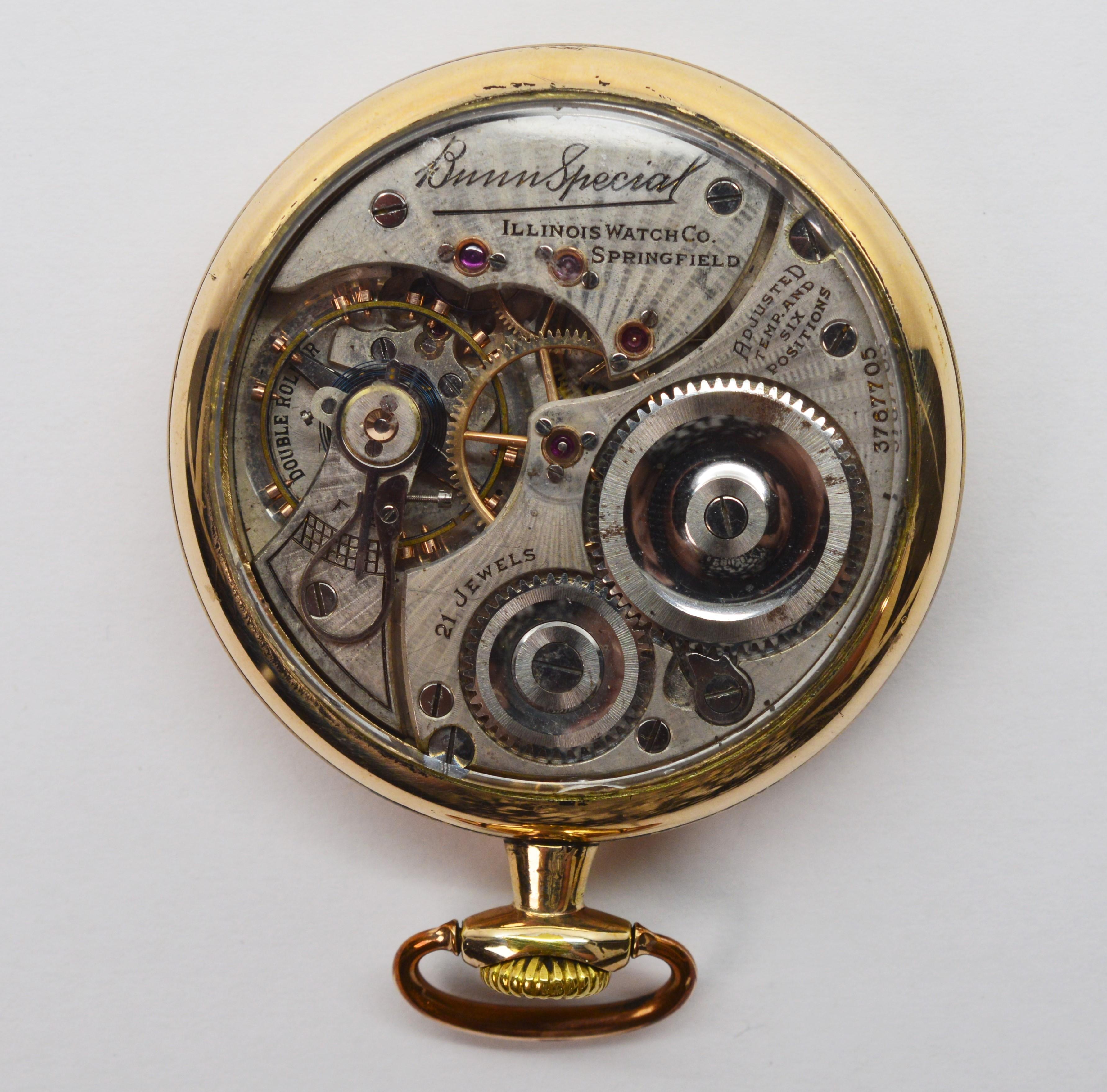 Enjoy seeing the craftsmanship in this Illinois Bunn Special Brass Pocket Watch expertly restored with a unique display back allowing the intricate parts of this time piece to be viewed. Number 3767705. Circa 1920, measuring 49 millimeters. Twenty