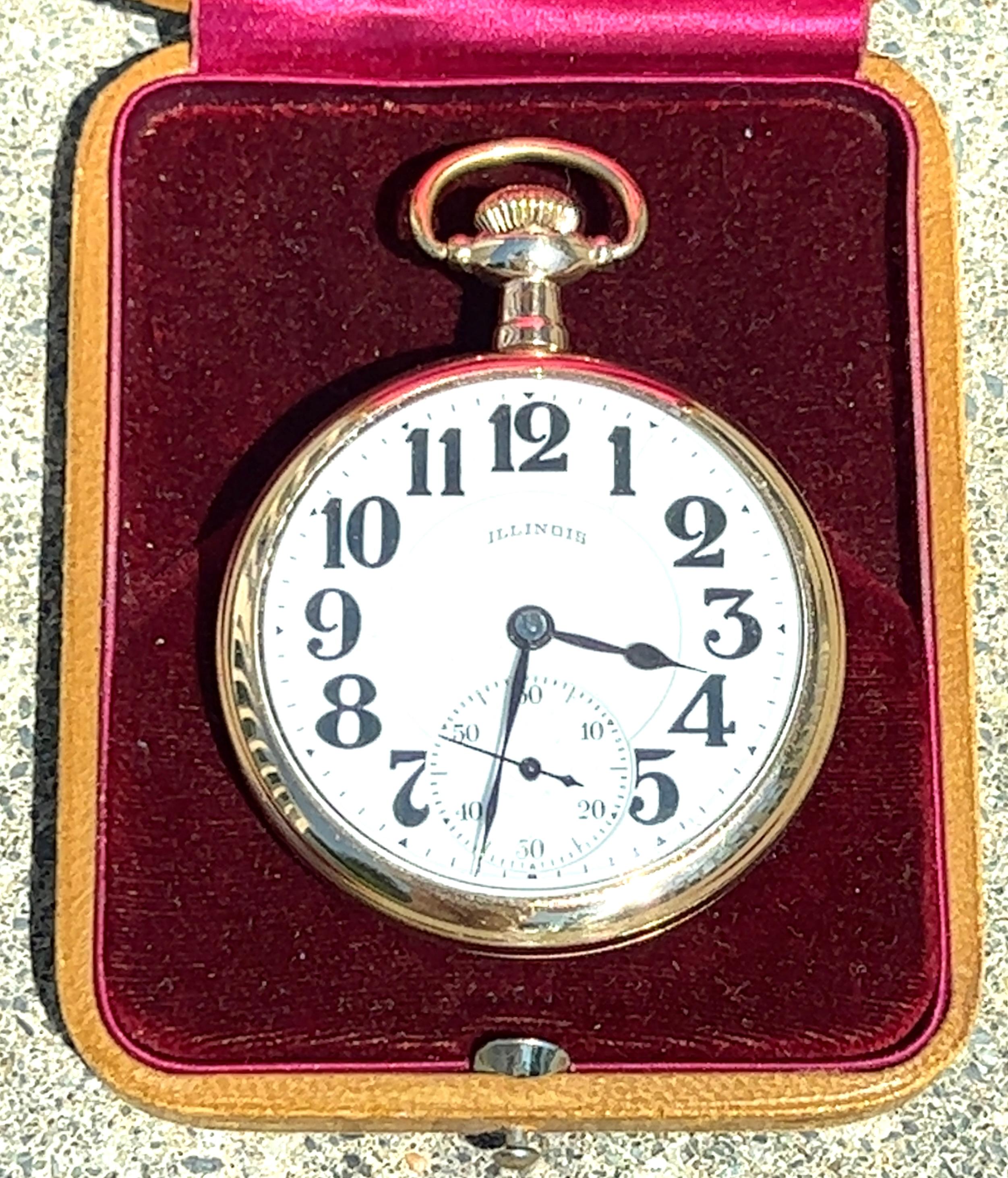 One 1921 yellow gold filled open face Illinois Bunn Special railroad pocket watch serial number 3909834 size 16. This beautiful time piece is in good working condition. 
