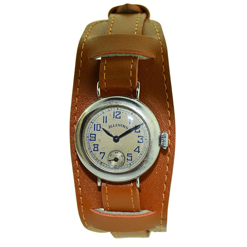 FACTORY / HOUSE: Illinois Watch Company
STYLE / REFERENCE: Sports Model 
METAL / MATERIAL: Early Experimental Stainless Steel 
CIRCA / YEAR: 1915 / 1920
DIMENSIONS / SIZE: Length 35mm X Diameter 28mm
MOVEMENT / CALIBER: Manual Winding / 17 Jewels /