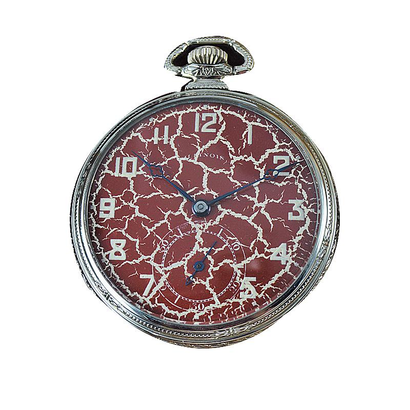 Illinois Gold Filled Art Deco Pocket Watch with Rare Hammered Case and Red Dial For Sale 6