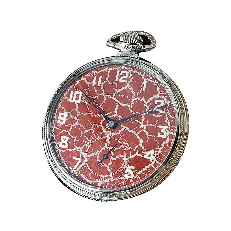 Illinois Gold Filled Art Deco Pocket Watch with Rare Hammered Case and Red Dial For Sale 7