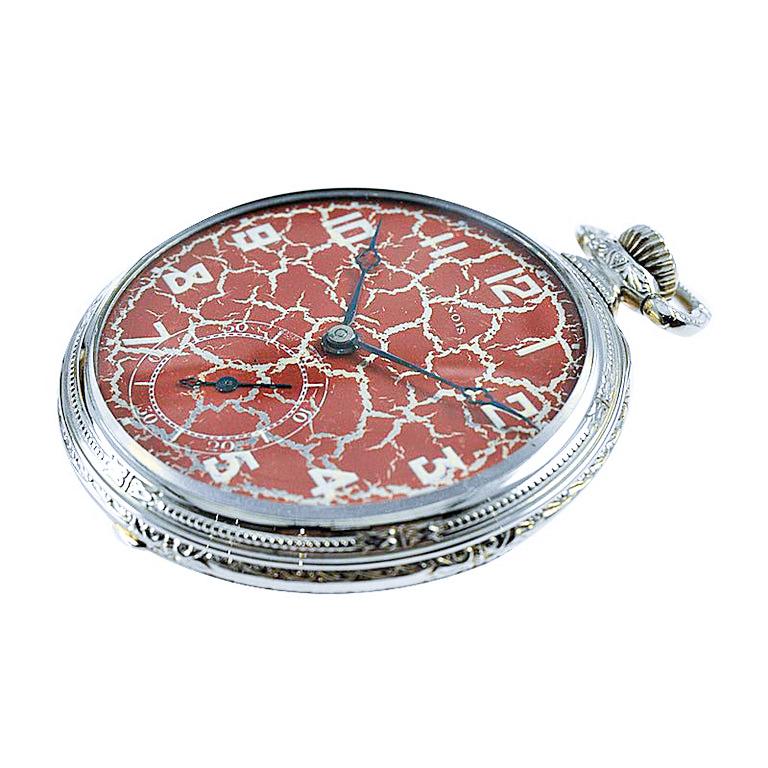 Illinois Gold Filled Art Deco Pocket Watch with Rare Hammered Case and Red Dial For Sale 8