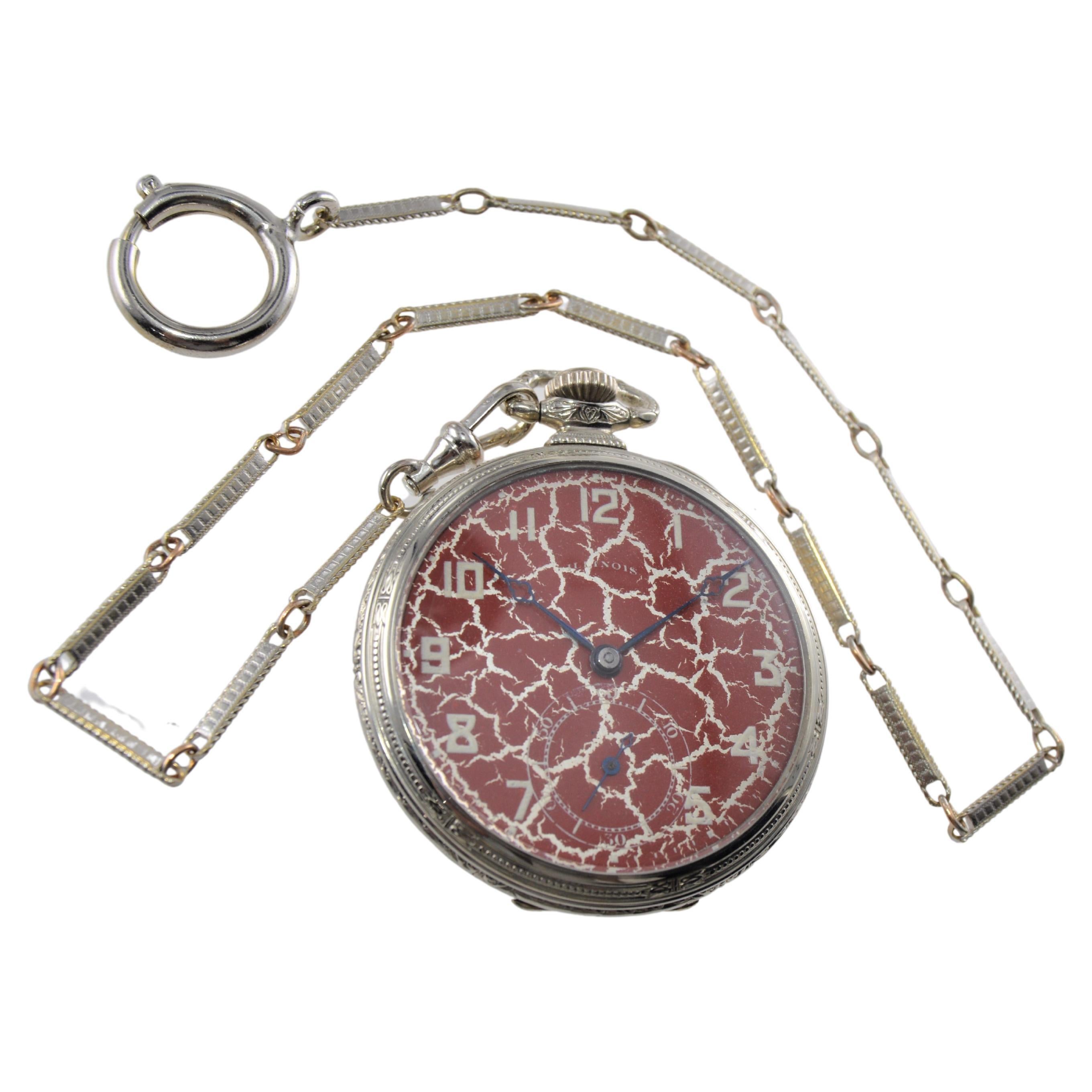 Women's or Men's Illinois Gold Filled Art Deco Pocket Watch with Rare Hammered Case and Red Dial For Sale