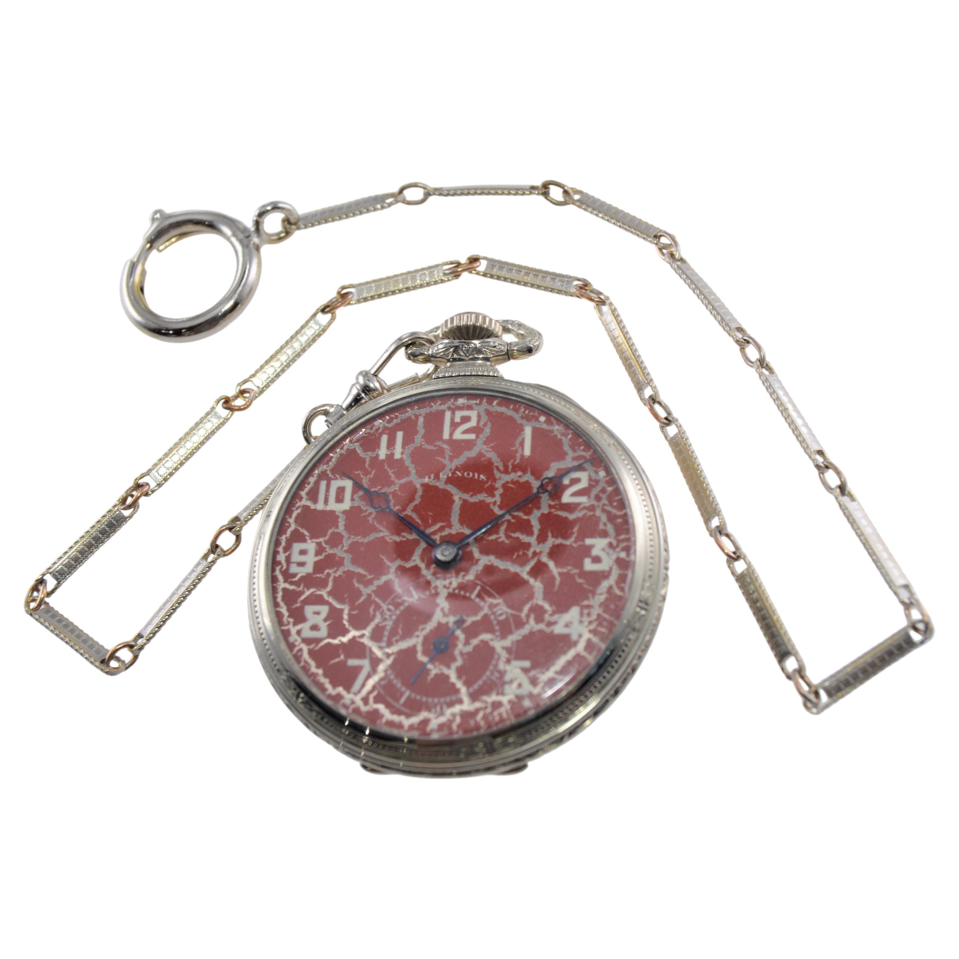 Illinois Gold Filled Art Deco Pocket Watch with Rare Hammered Case and Red Dial For Sale 1