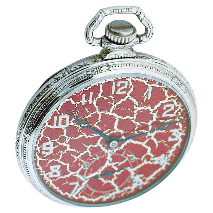 Illinois Gold Filled Art Deco Pocket Watch with Rare Hammered Case and Red Dial For Sale 2