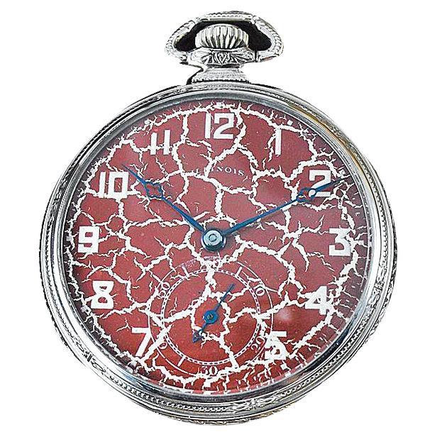 Illinois Gold Filled Art Deco Pocket Watch with Rare Hammered Case and Red Dial For Sale 3