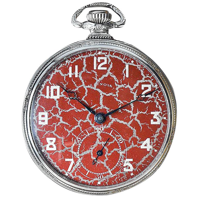 Illinois Gold Filled Art Deco Pocket Watch with Rare Hammered Case and Red Dial For Sale 4