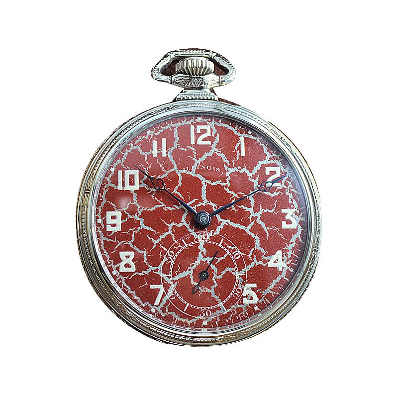Illinois Gold Filled Art Deco Pocket Watch with Rare Hammered Case and Red Dial For Sale 5