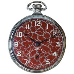 Illinois Gold Filled Art Deco Pocket Watch with Rare Hammered Case and Red Dial