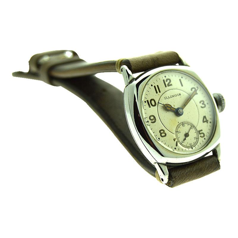 Illinois Nickel Silver Cushion Shaped Watch with Original Dial from 1916 In Excellent Condition In Long Beach, CA