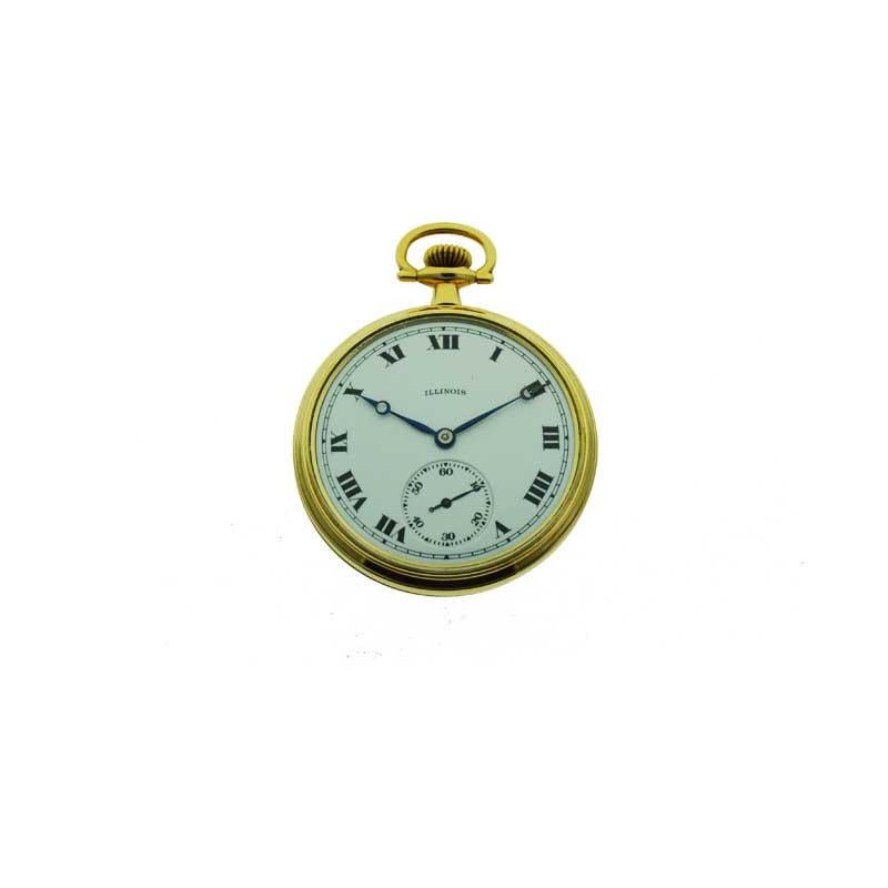 FACTORY / HOUSE: Illinois Watch Co.
STYLE / REFERENCE: Open Faced Pocket Watch 
METAL / MATERIAL: Yellow Gold Filled
CIRCA / YEAR: 1919
DIMENSIONS / SIZE: 44mm
MOVEMENT / CALIBER: Manual Winding / 17 Jewels 
DIAL / HANDS: Original Kiln Fired Enamel