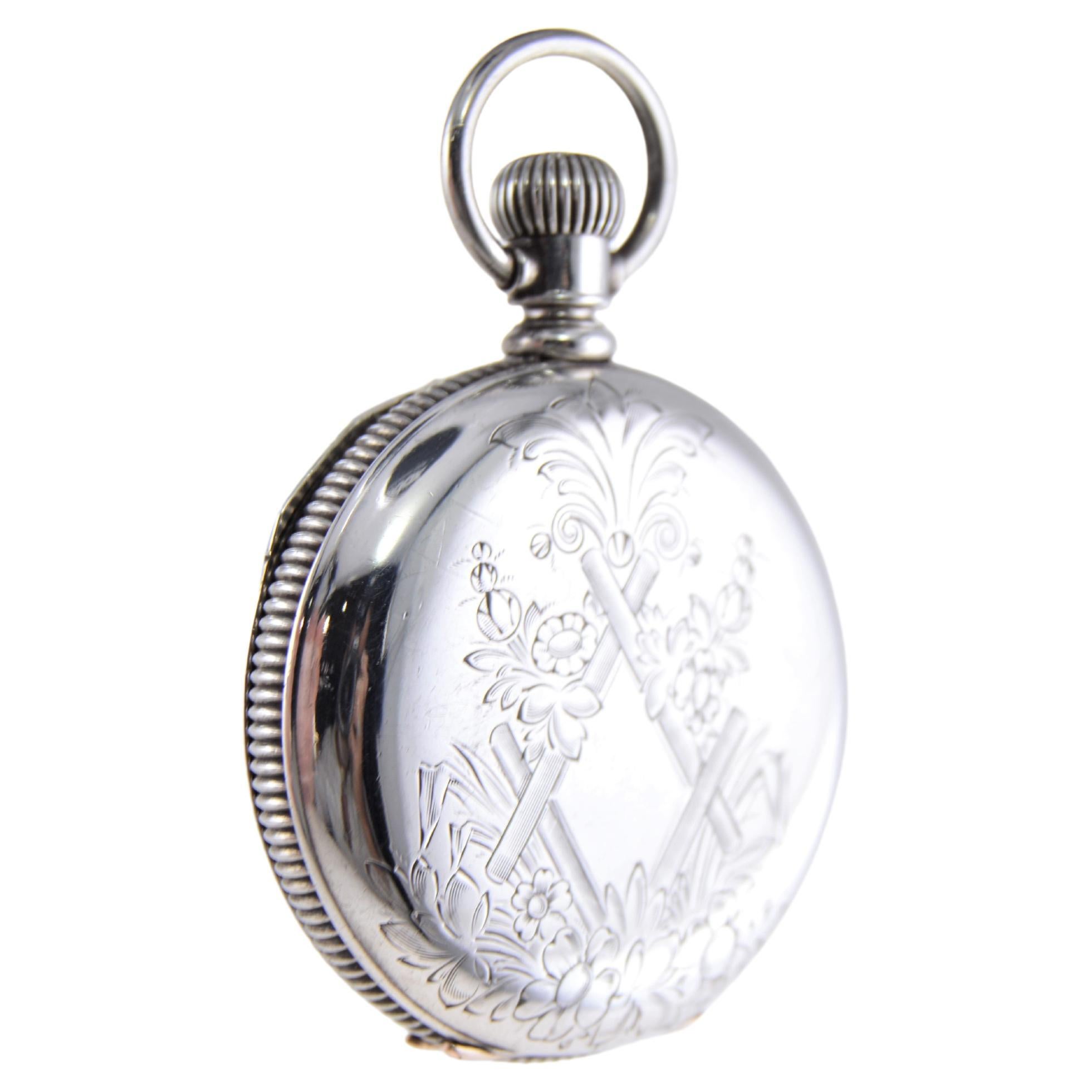 Illinois Silver Hunters Case Pocket Watch from 1893 with Pocket Watch Chain  For Sale 3