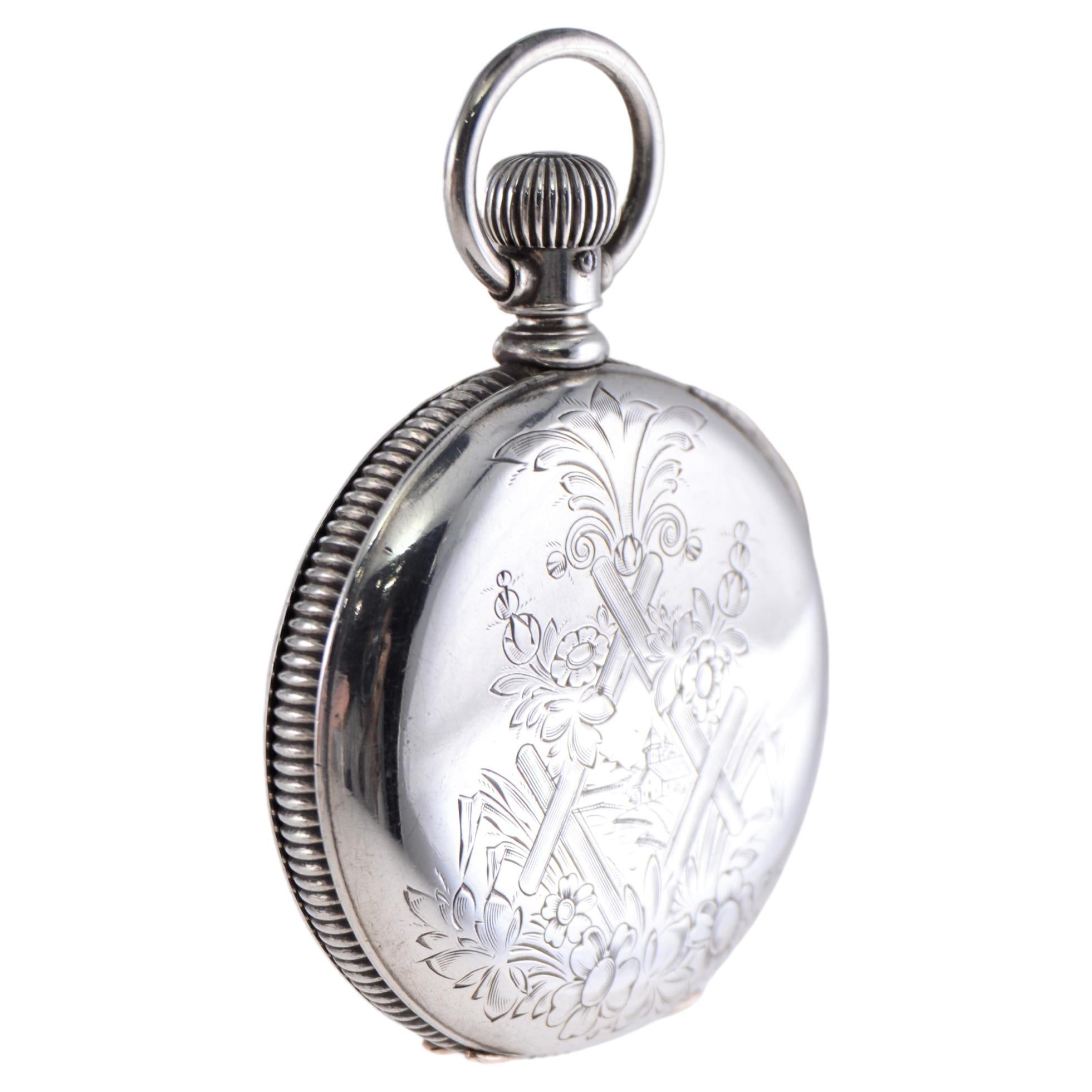 Illinois Silver Hunters Case Pocket Watch from 1893 with Pocket Watch Chain  For Sale 4