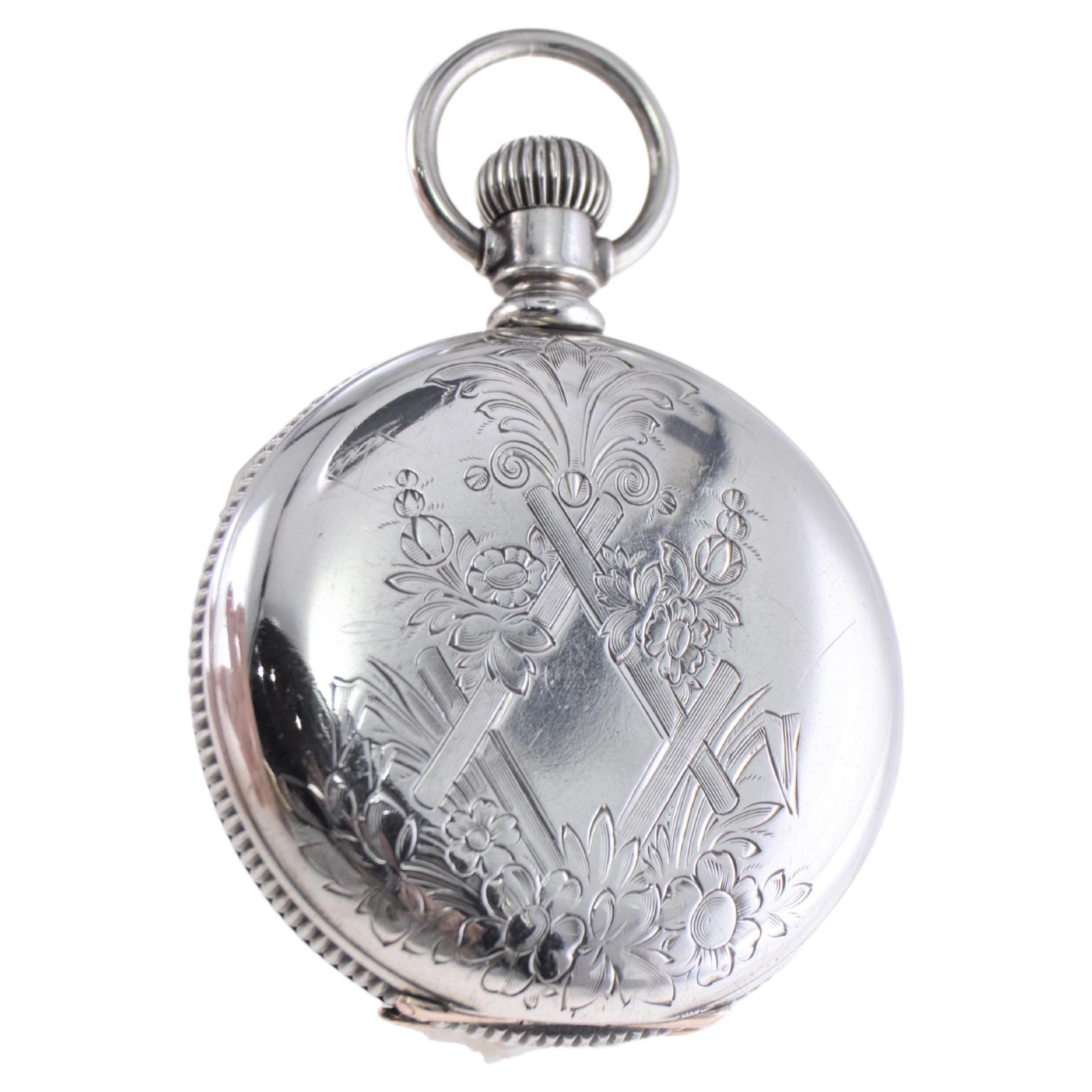 Illinois Silver Hunters Case Pocket Watch from 1893 with Pocket Watch Chain  For Sale 5