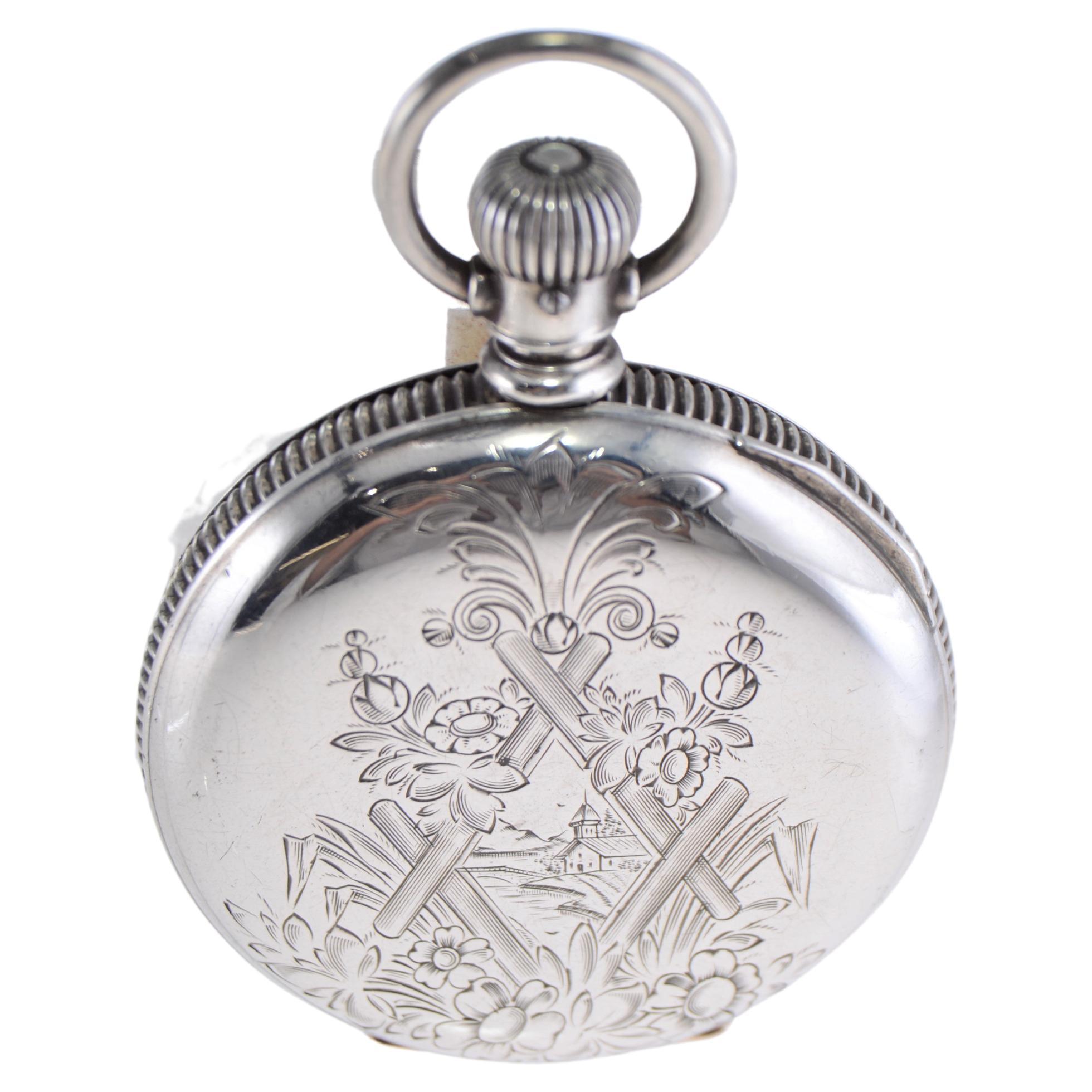 Illinois Silver Hunters Case Pocket Watch from 1893 with Pocket Watch Chain  For Sale 7