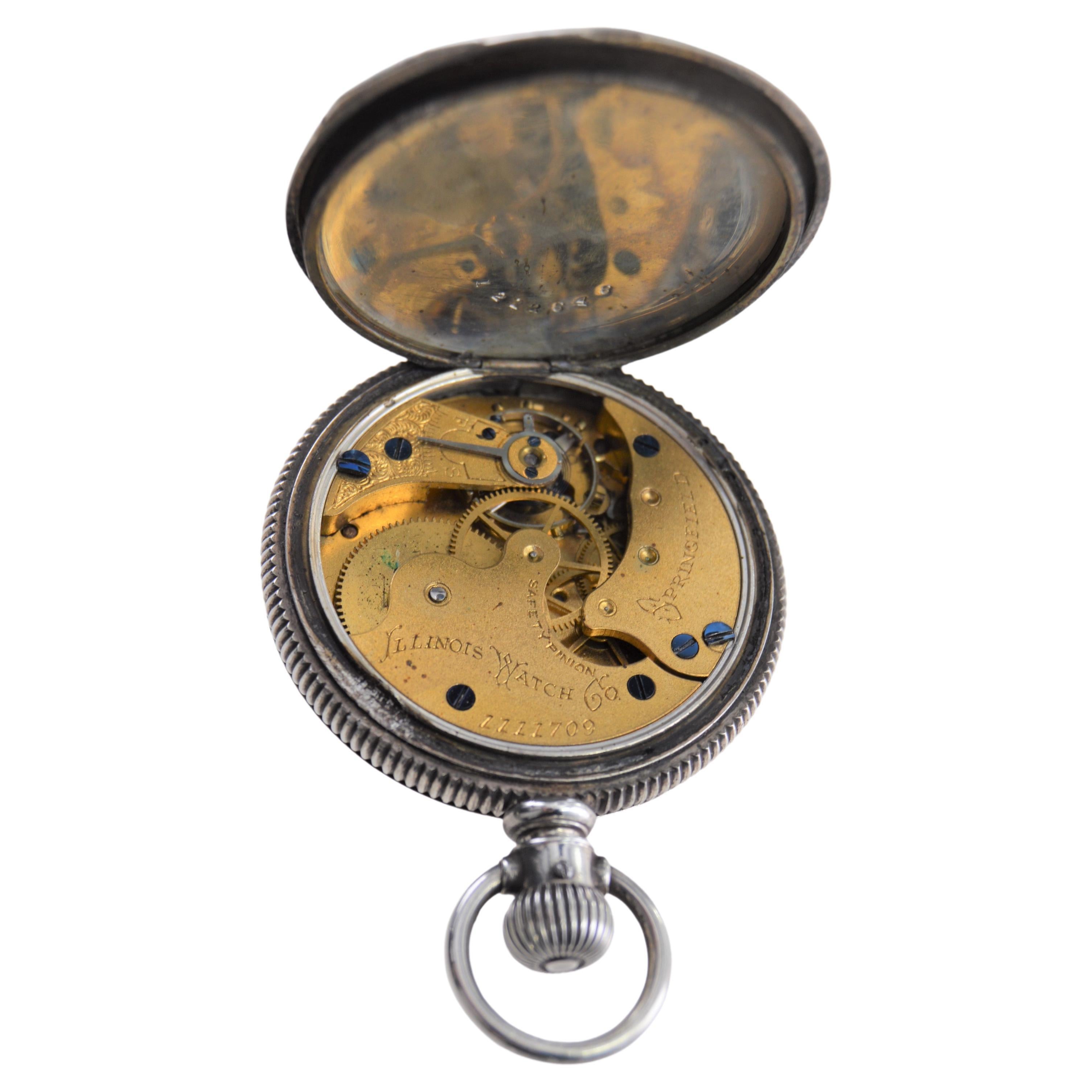 Illinois Silver Hunters Case Pocket Watch from 1893 with Pocket Watch Chain  For Sale 10