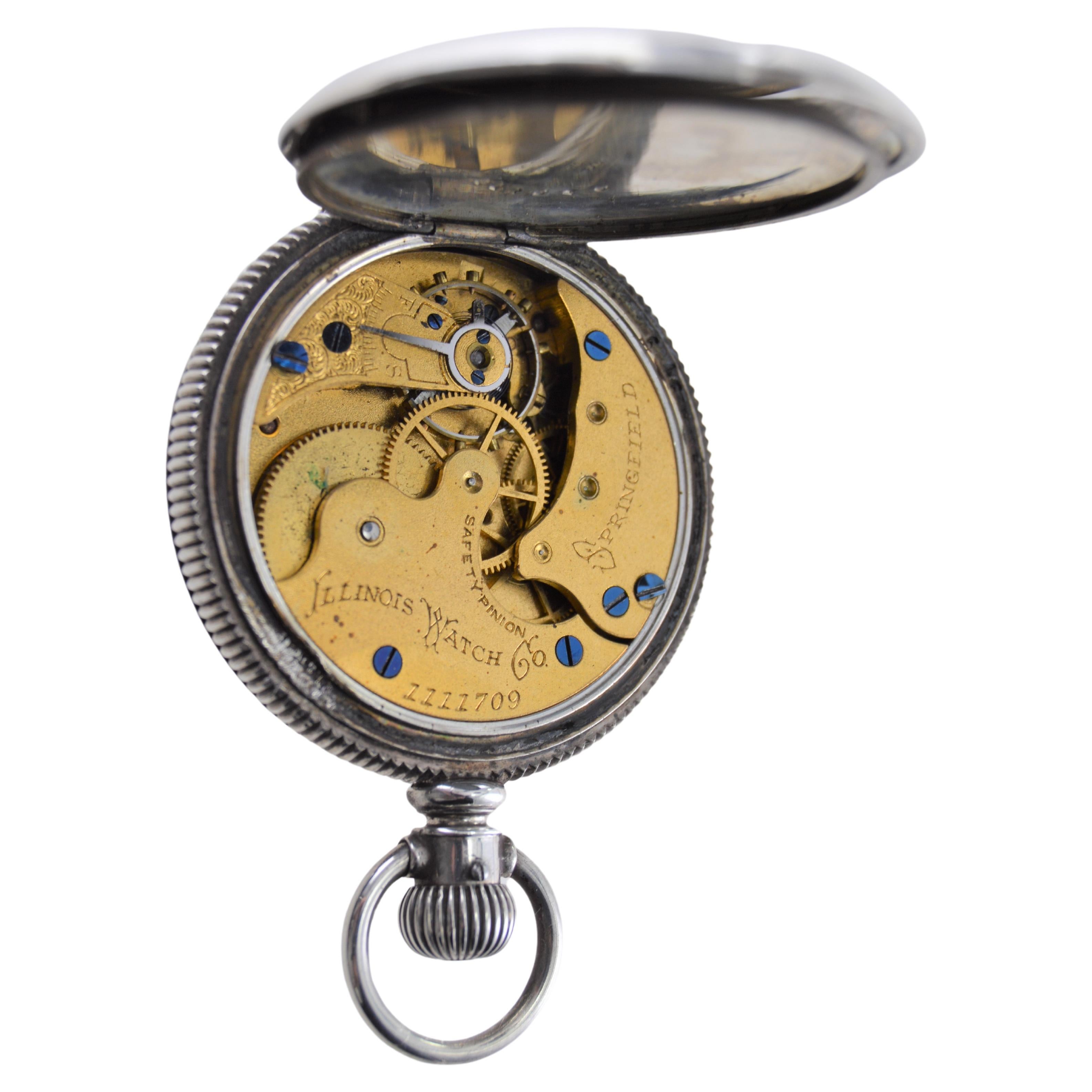 Illinois Silver Hunters Case Pocket Watch from 1893 with Pocket Watch Chain  For Sale 11