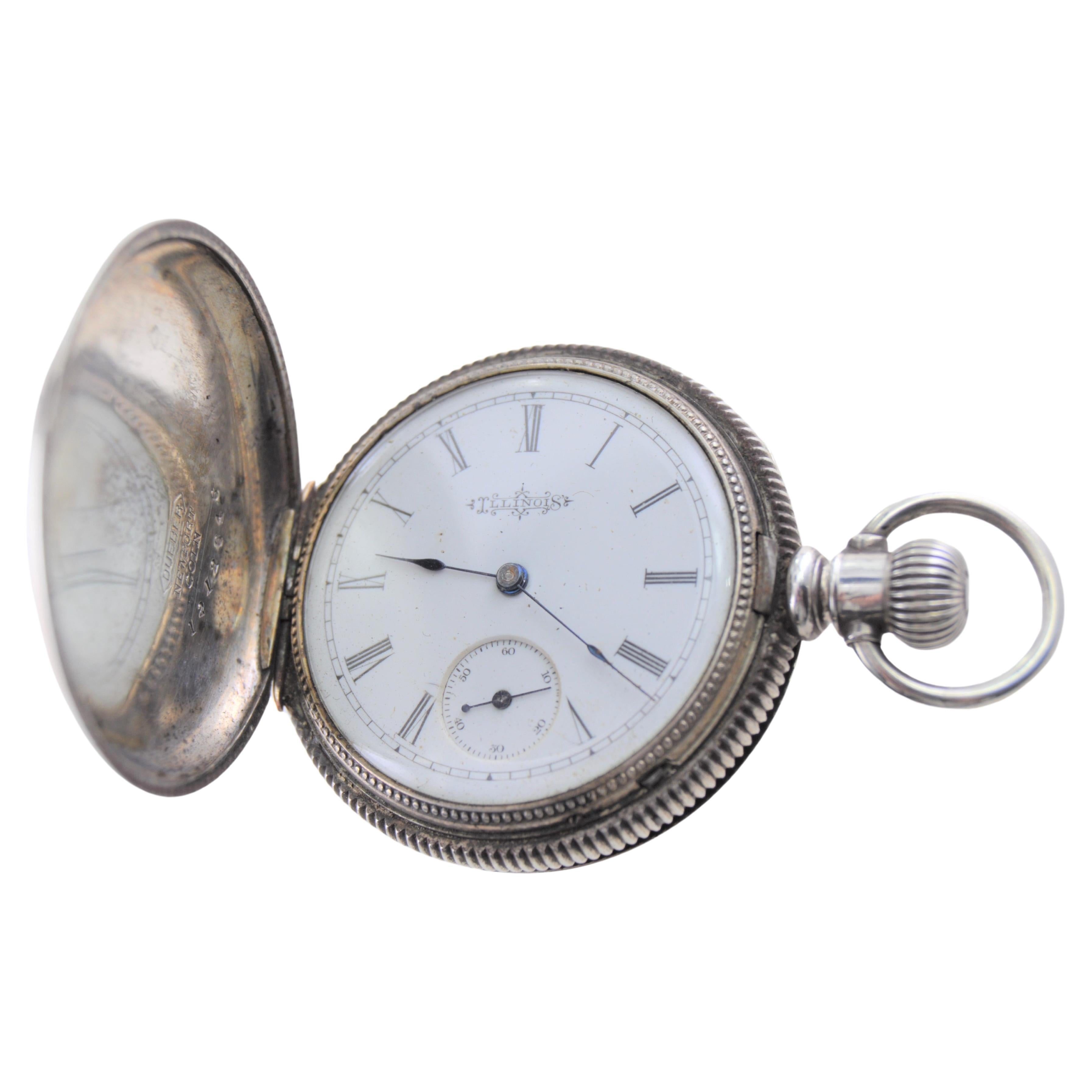 Illinois Silver Hunters Case Pocket Watch from 1893 with Pocket Watch Chain  In Excellent Condition For Sale In Long Beach, CA
