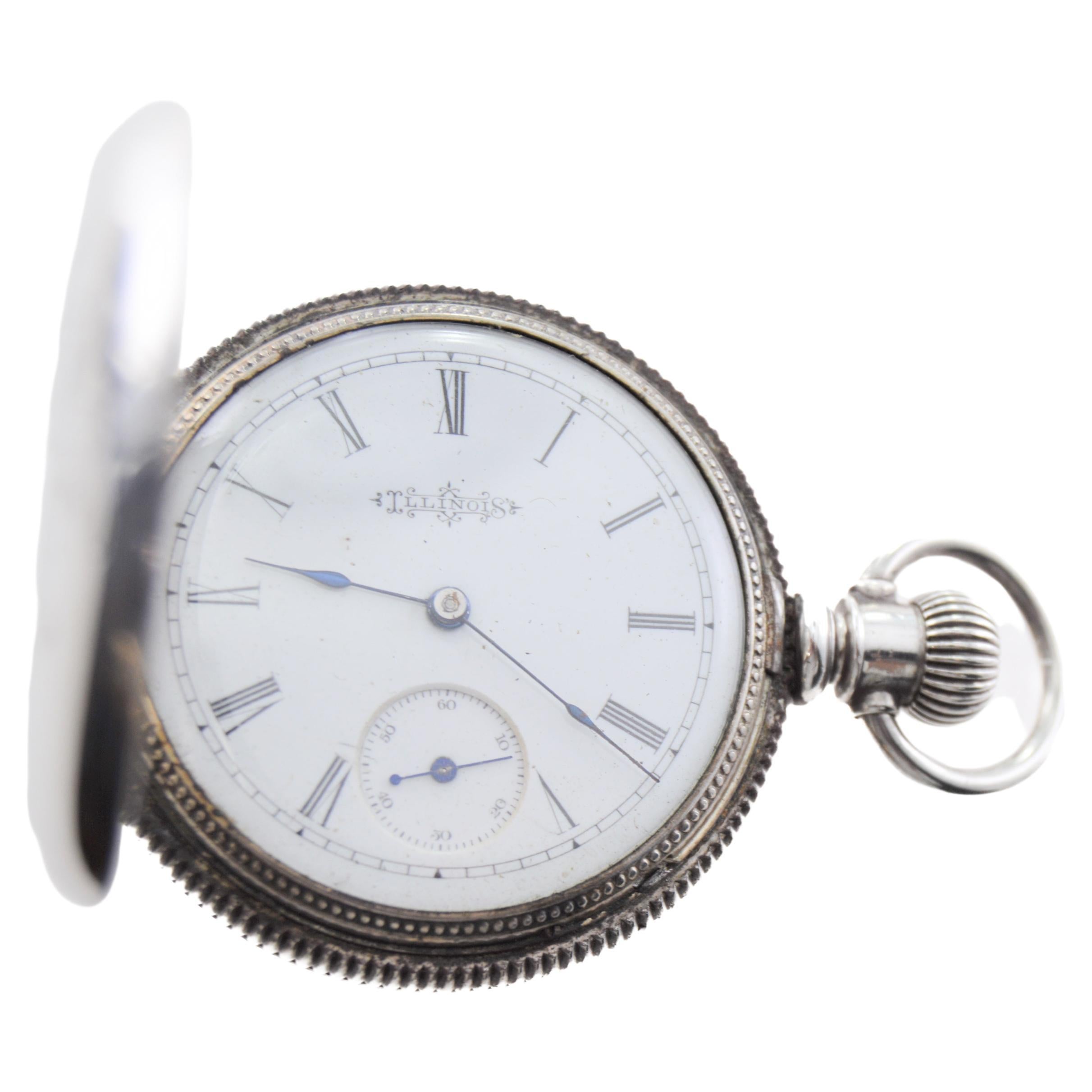 Women's or Men's Illinois Silver Hunters Case Pocket Watch from 1893 with Pocket Watch Chain  For Sale