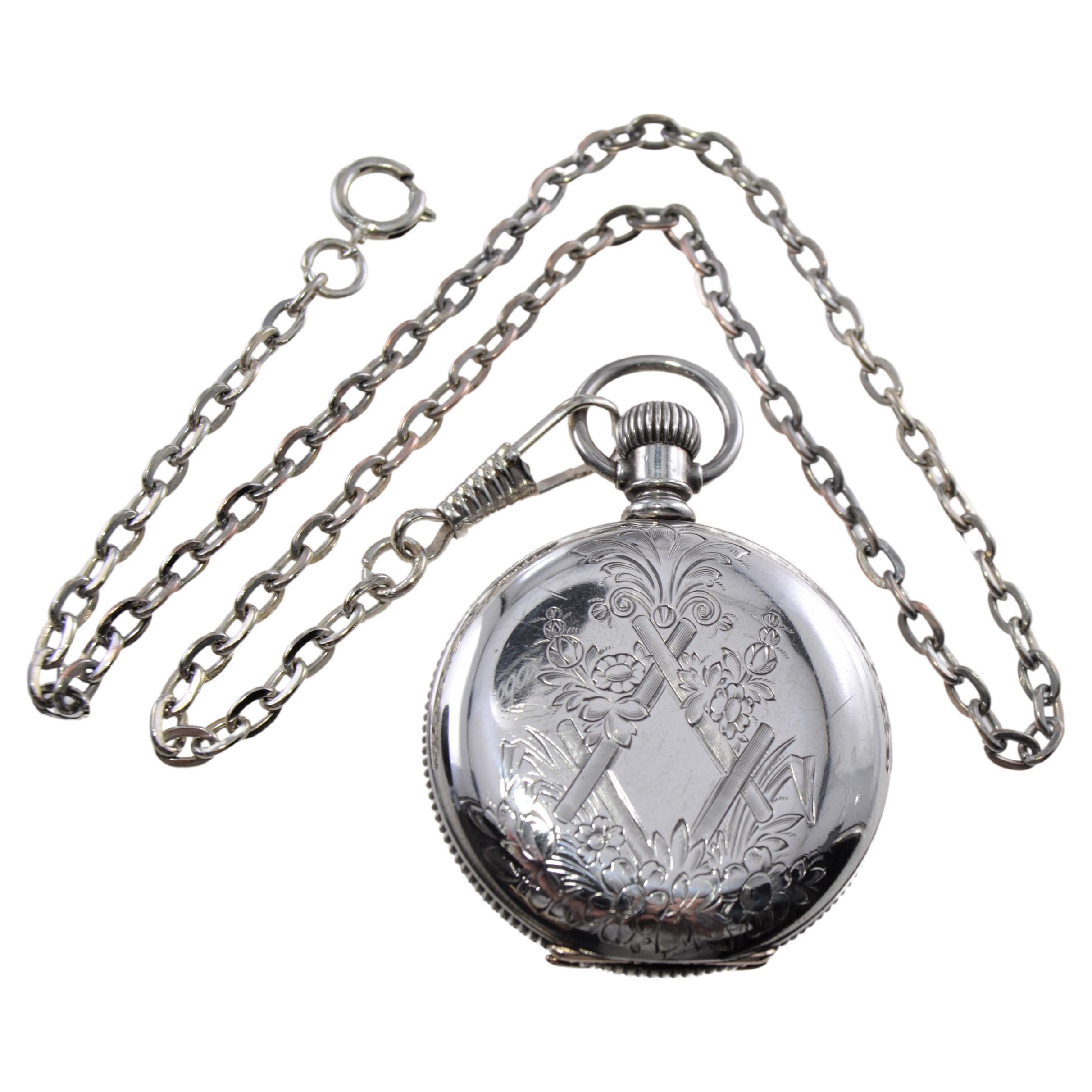 Illinois Silver Hunters Case Pocket Watch from 1893 with Pocket Watch Chain  For Sale