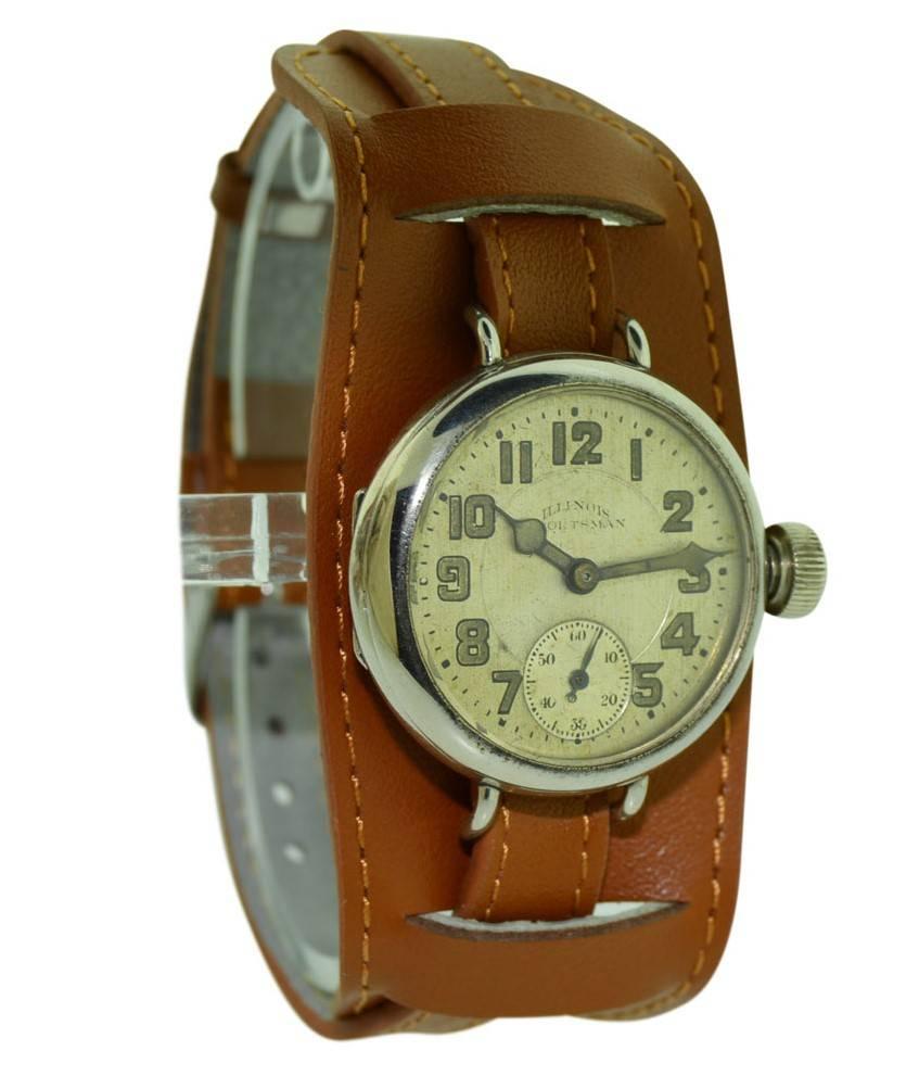 FACTORY / HOUSE: Illinois Watch Company
STYLE / REFERENCE: Sportsman / Campaign Style
METAL / MATERIAL:  Nickel Silver
CIRCA: 1910
DIMENSIONS: 38mm X 32mm
MOVEMENT / CALIBER: Manual Winding / 17 Jewels / Cal. 307
DIAL / HANDS: Original Silvered with
