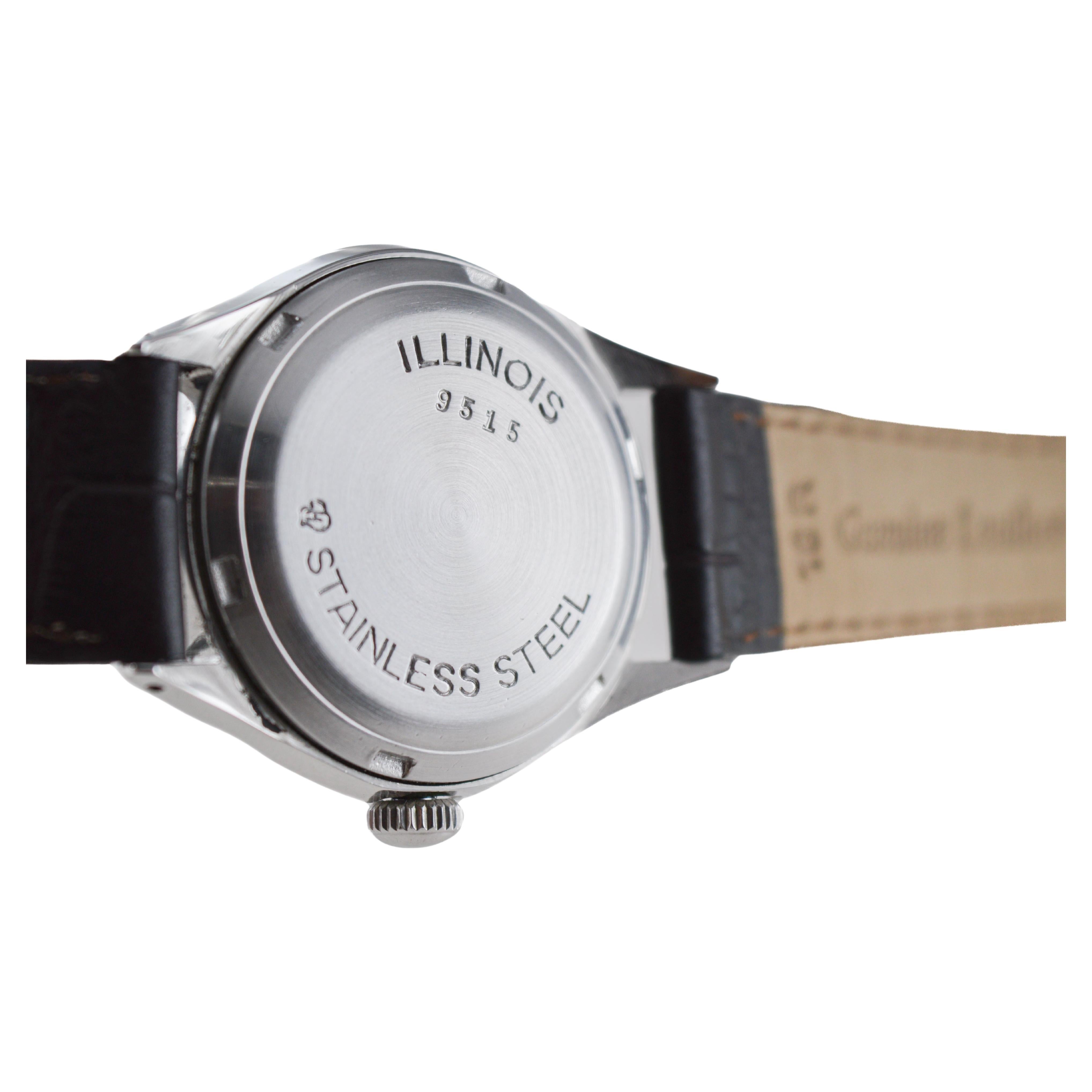 Illinois Stainless Steel Automatic Art Deco Watch circa 1950's For Sale 5