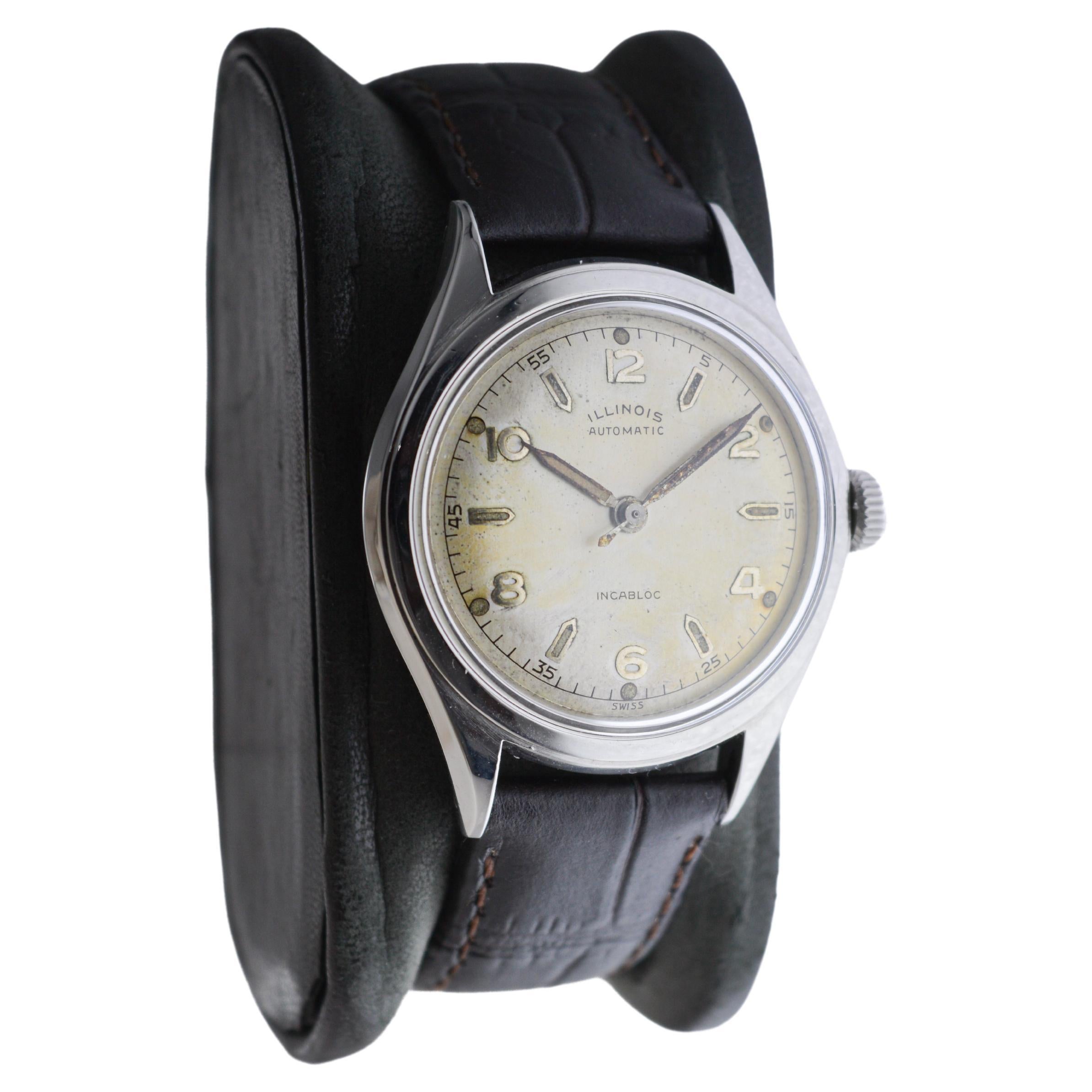 Modernist Illinois Stainless Steel Automatic Art Deco Watch circa 1950's For Sale