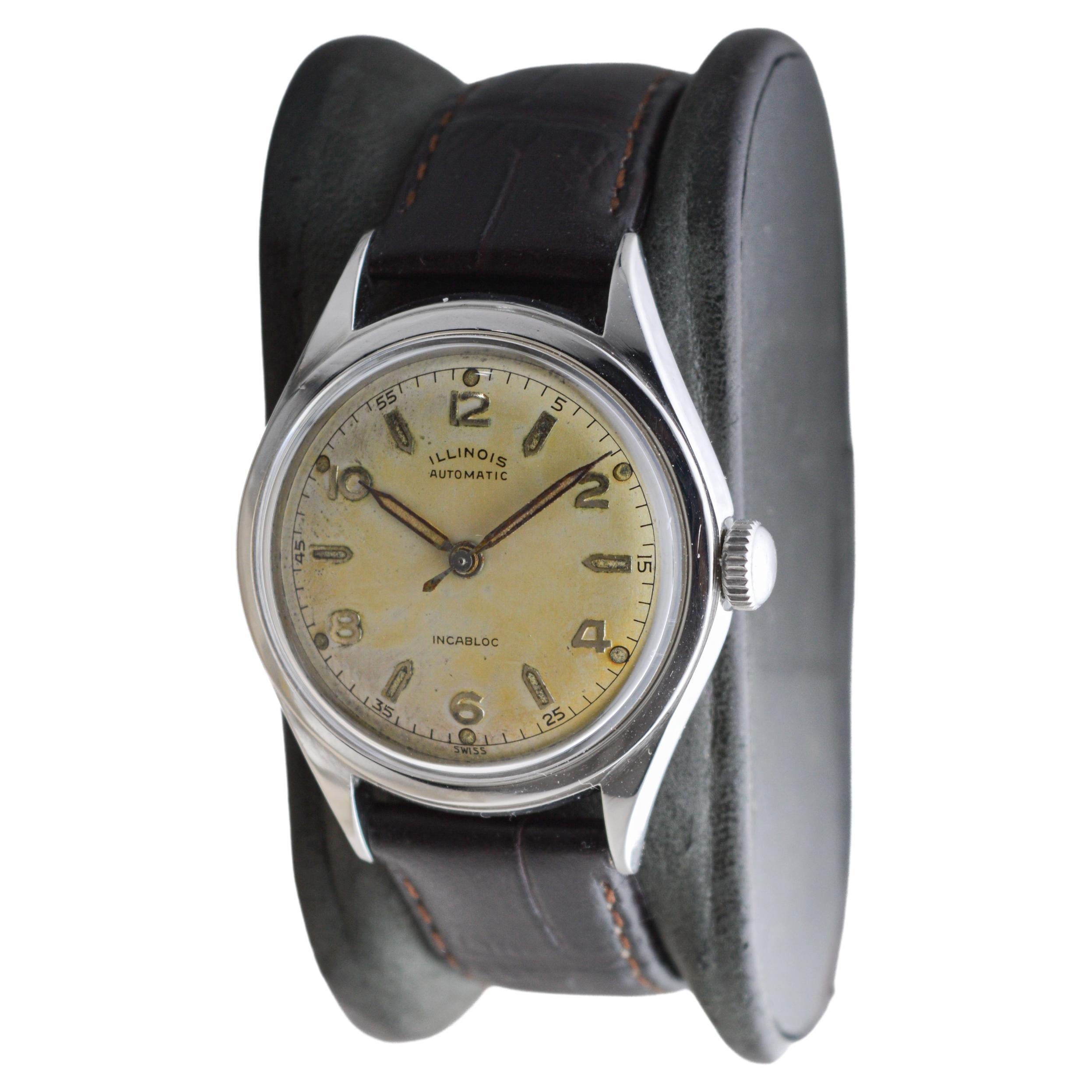 Women's or Men's Illinois Stainless Steel Automatic Art Deco Watch circa 1950's For Sale