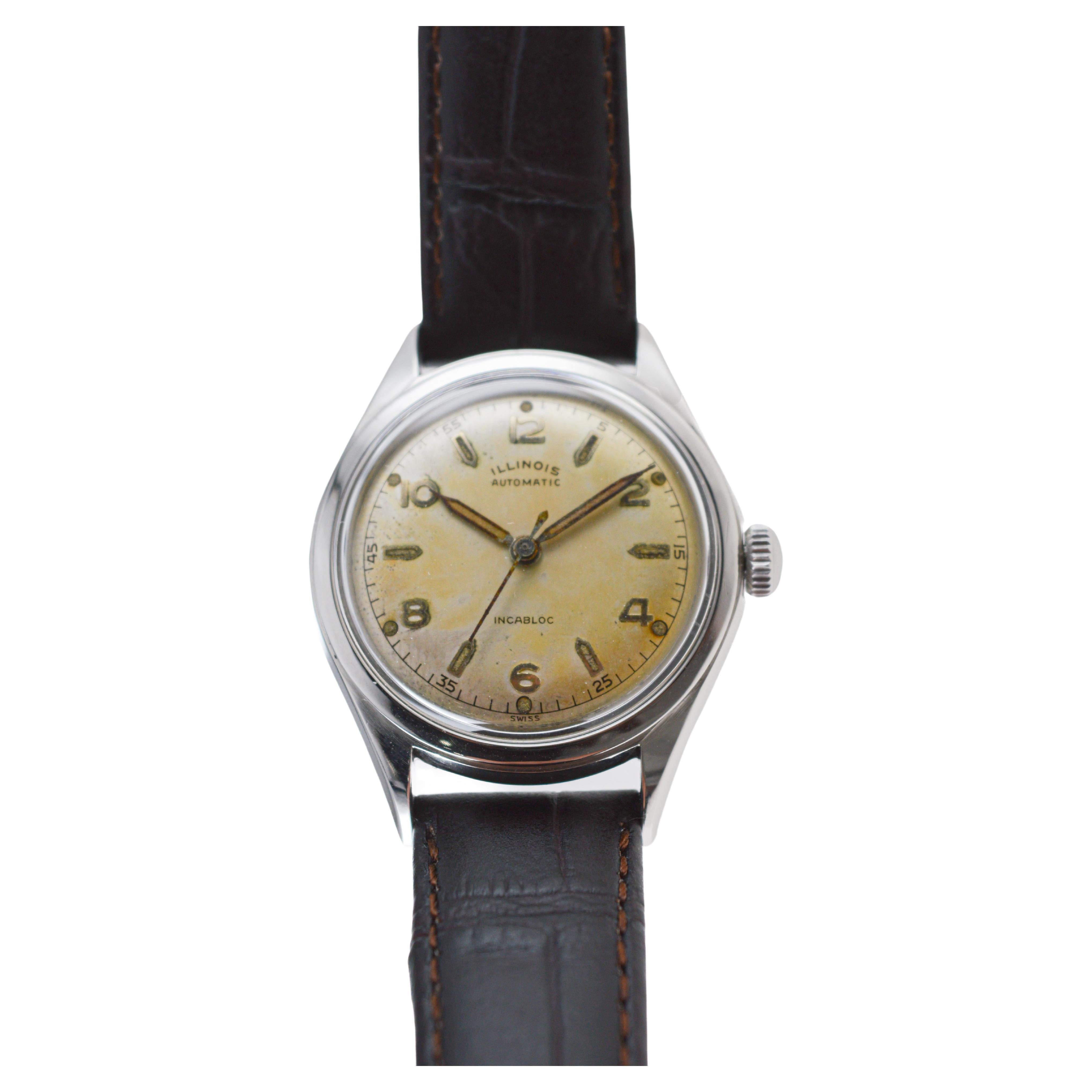 Illinois Stainless Steel Automatic Art Deco Watch circa 1950's For Sale 1