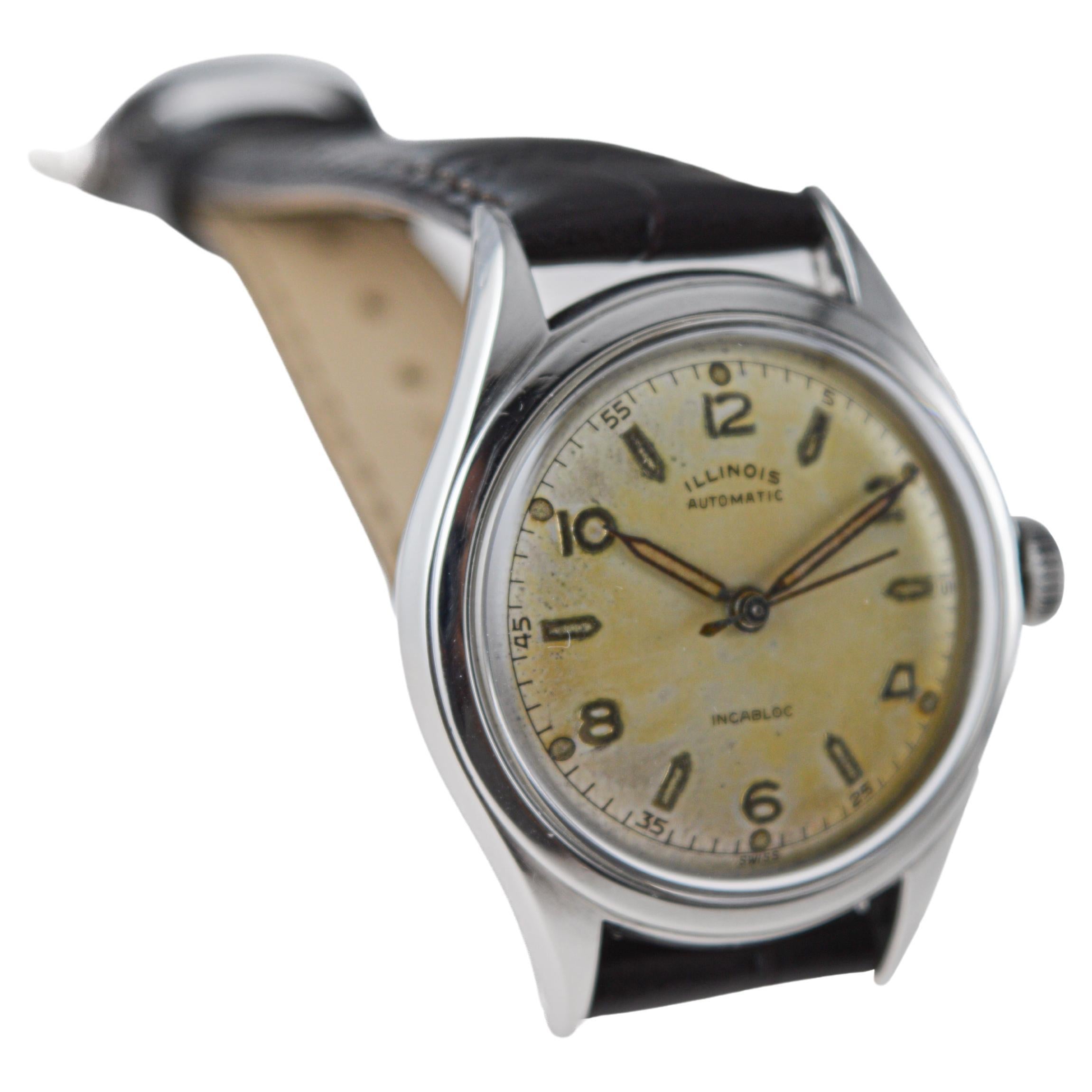 Illinois Stainless Steel Automatic Art Deco Watch circa 1950's For Sale 2