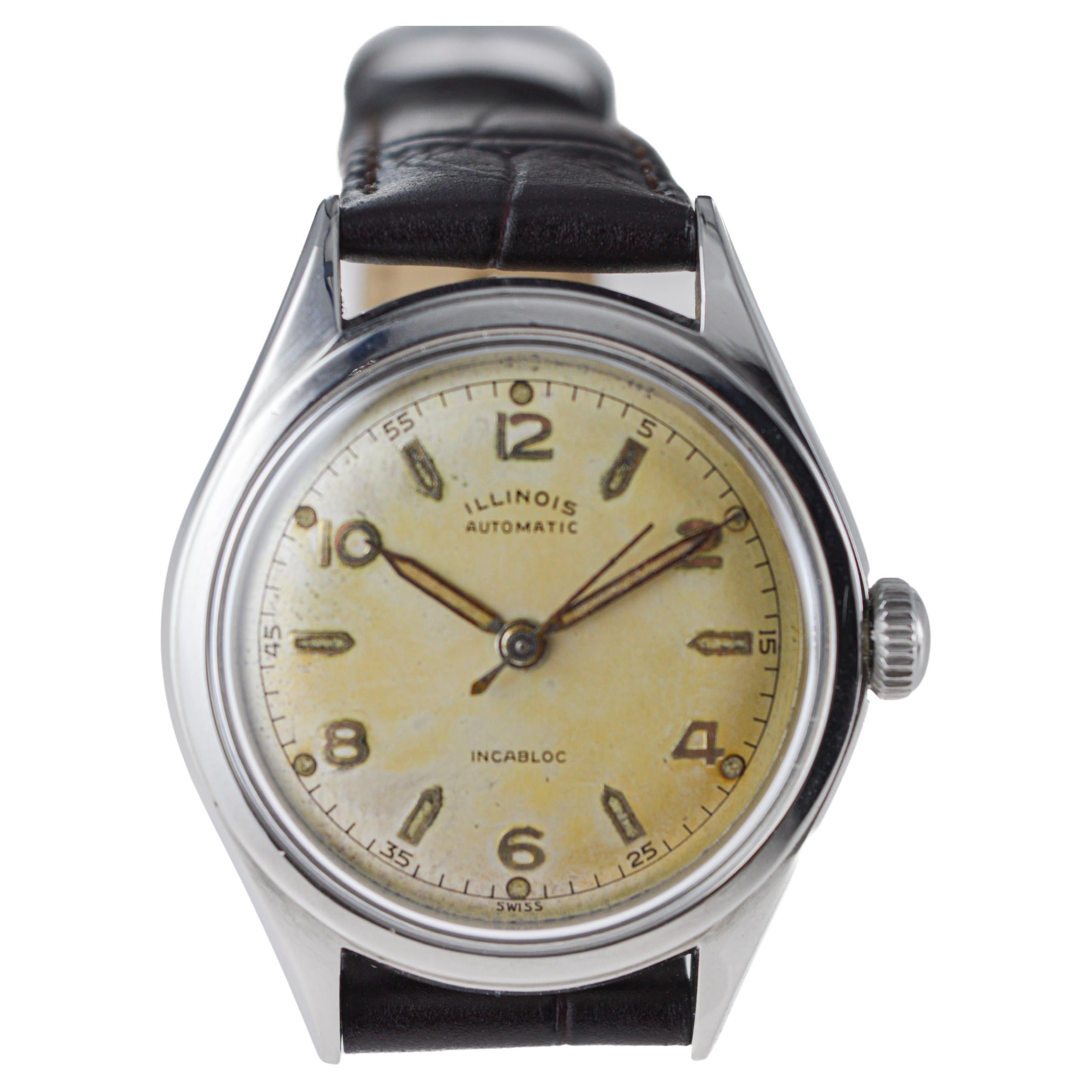 Illinois Stainless Steel Automatic Art Deco Watch circa 1950's For Sale 3