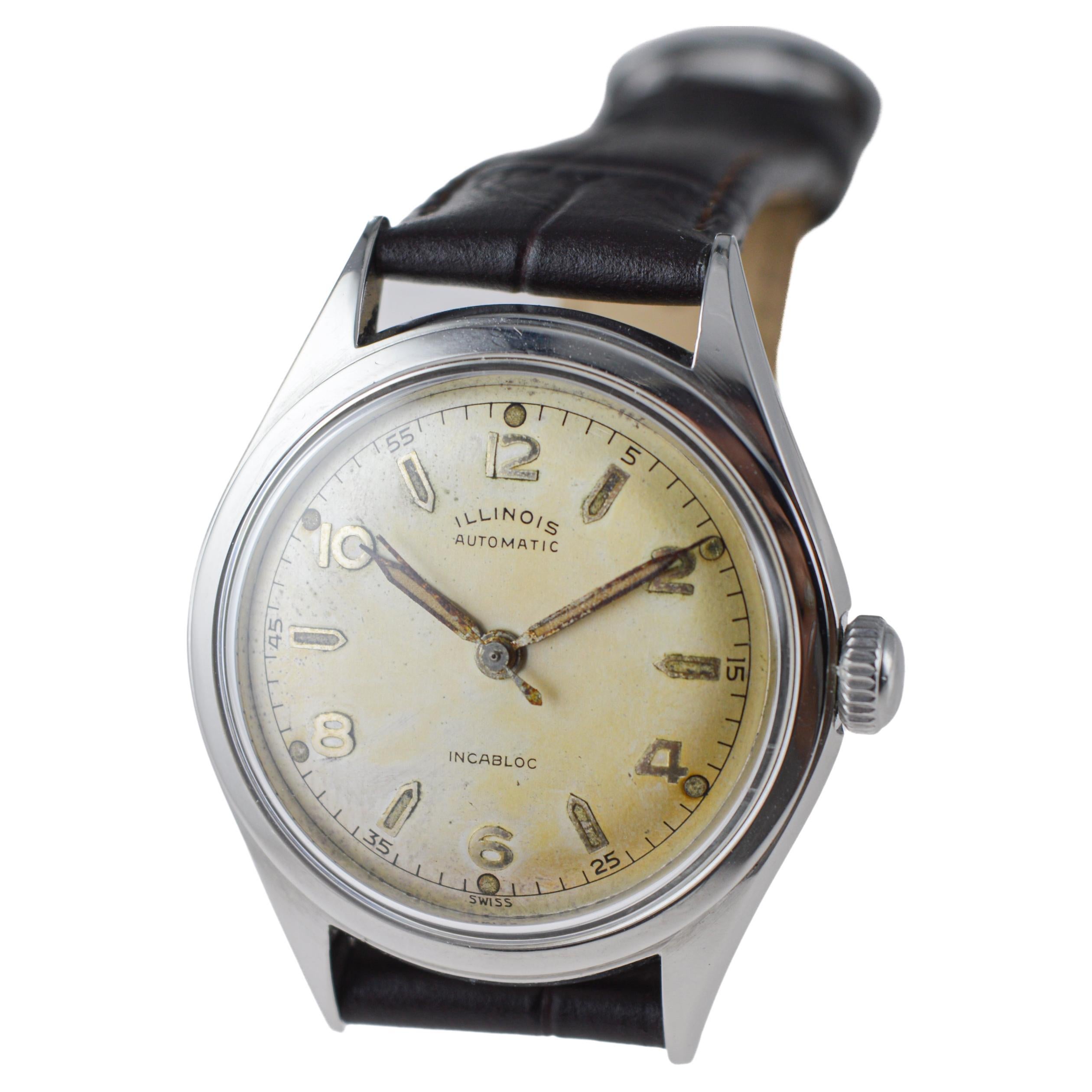 Illinois Stainless Steel Automatic Art Deco Watch circa 1950's For Sale 4