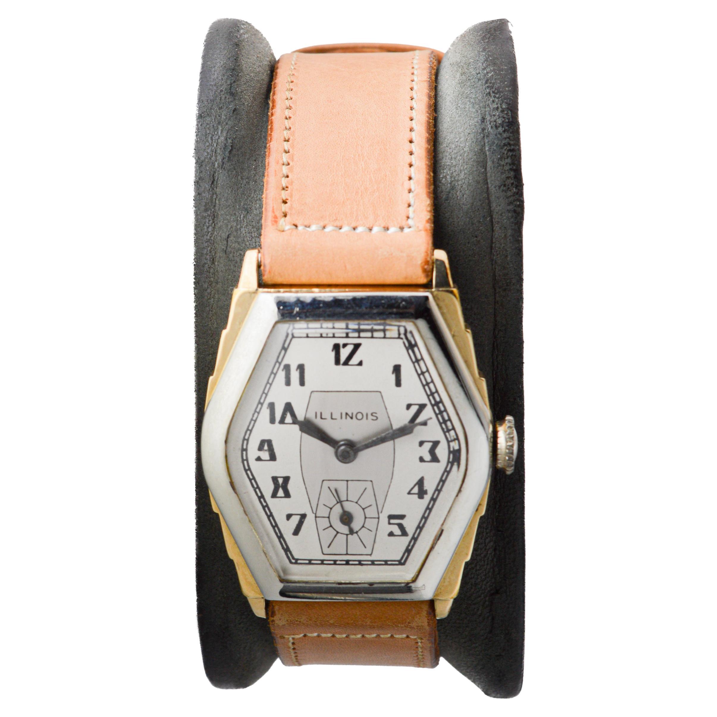 Reloj Art Déco Illinois bicolor circa 1931 con correa original de época en venta 5