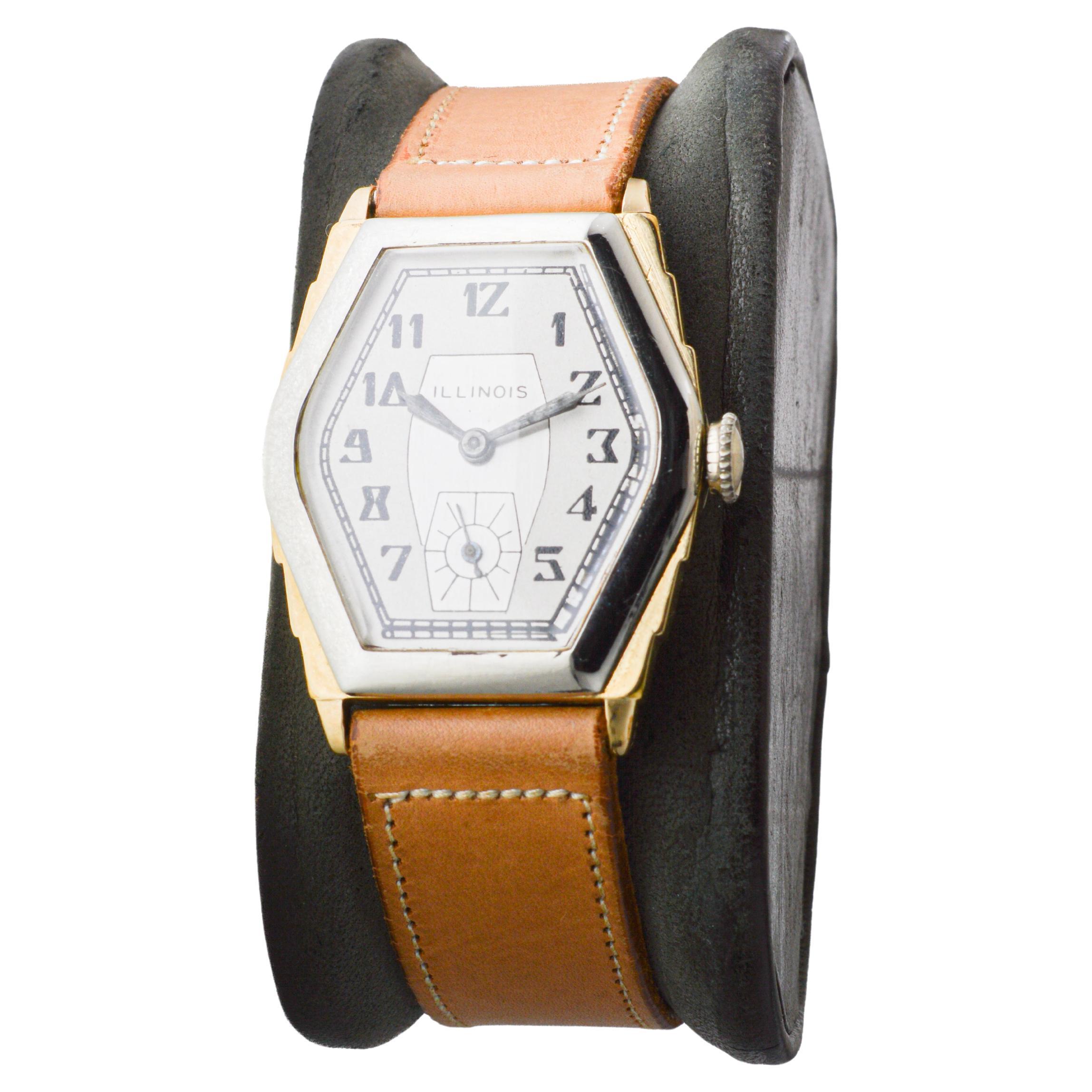 Reloj Art Déco Illinois bicolor circa 1931 con correa original de época en venta 6