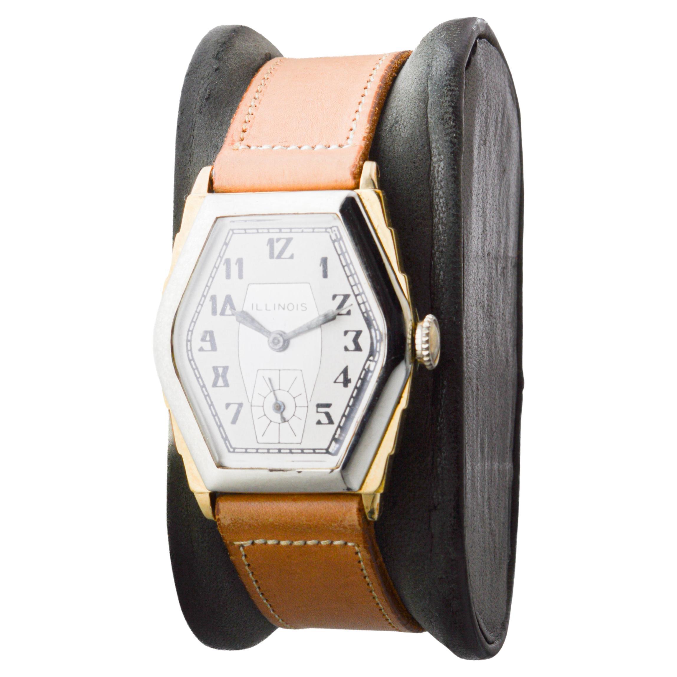 Reloj Art Déco Illinois bicolor circa 1931 con correa original de época en venta 7