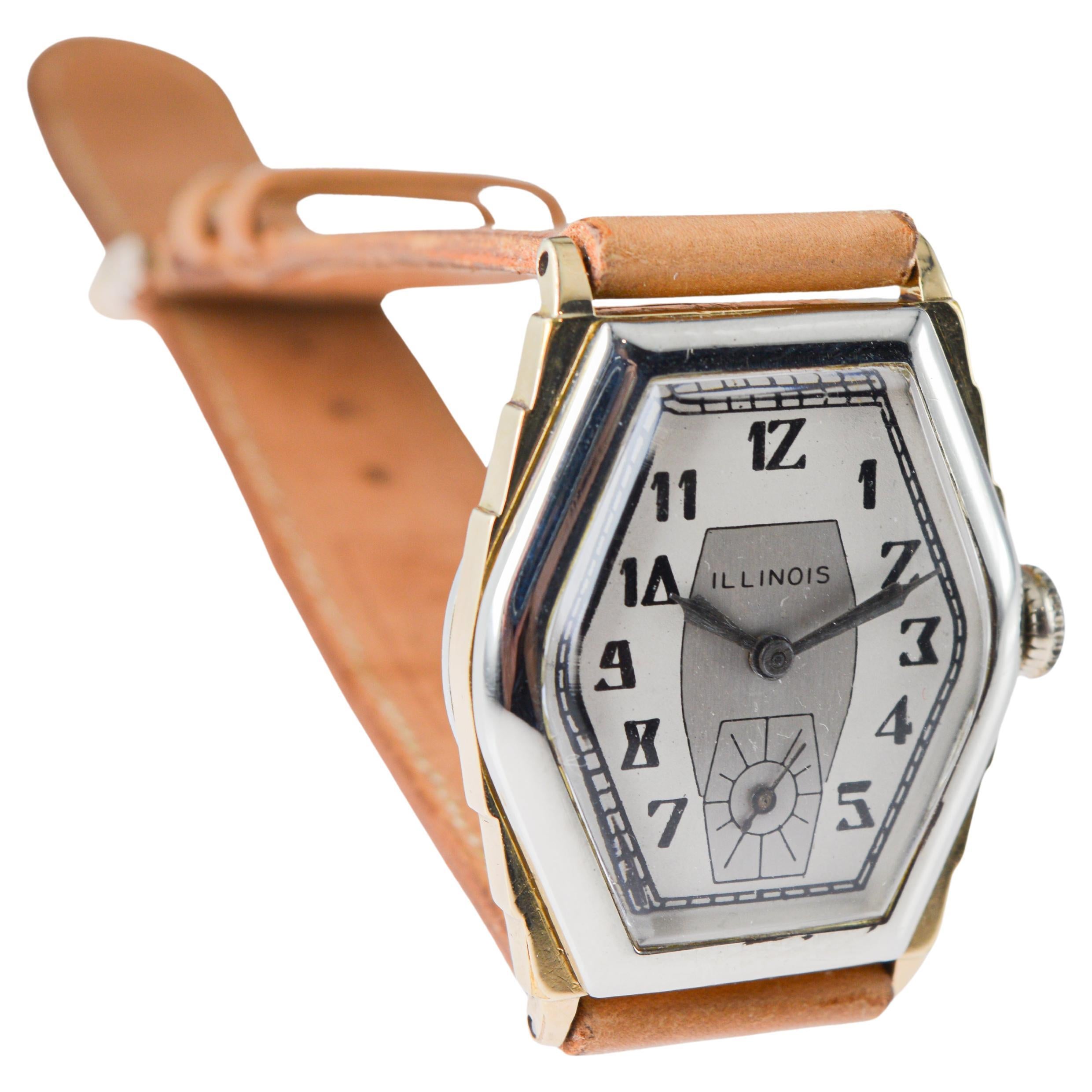 Reloj Art Déco Illinois bicolor circa 1931 con correa original de época en venta 8