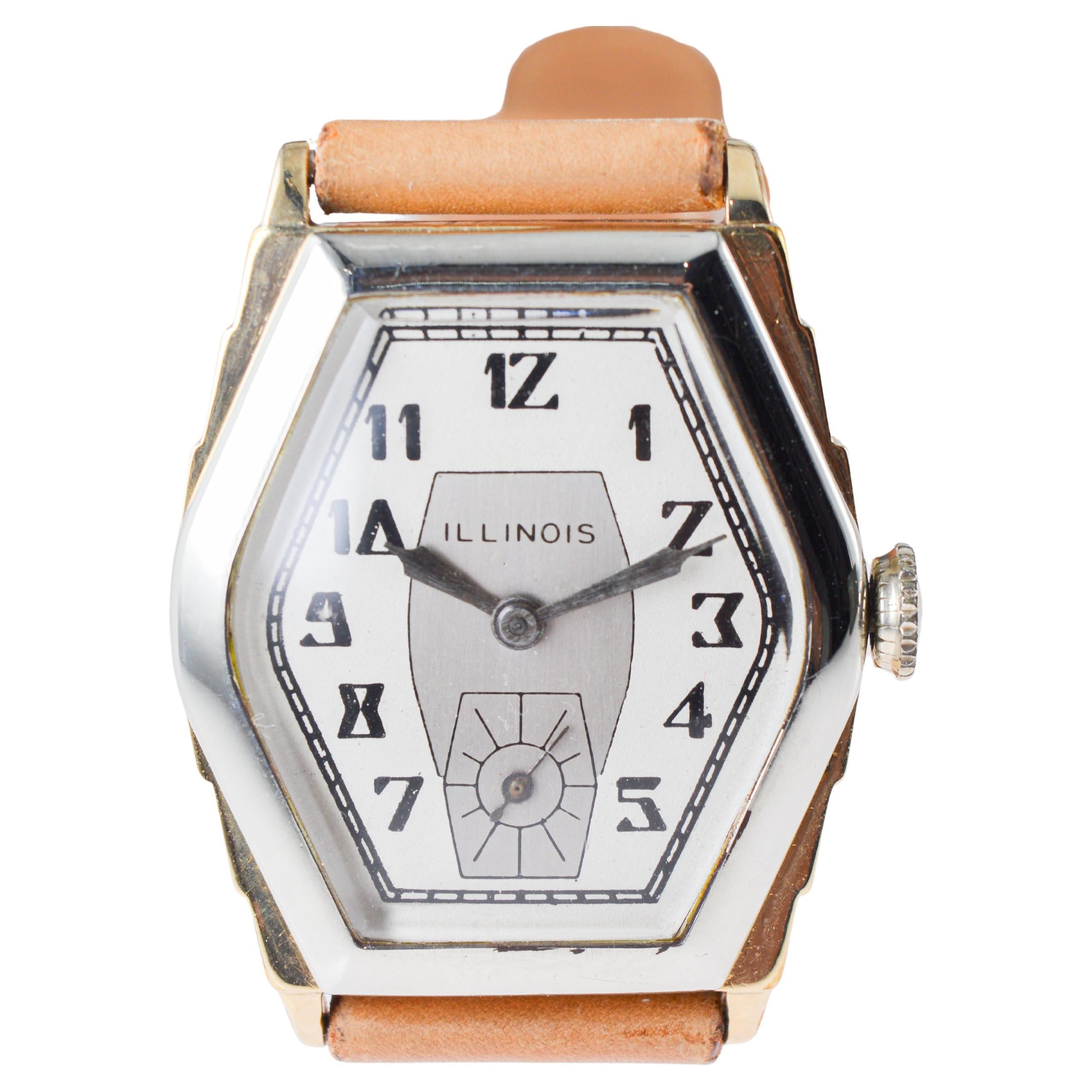 Reloj Art Déco Illinois bicolor circa 1931 con correa original de época en venta 9