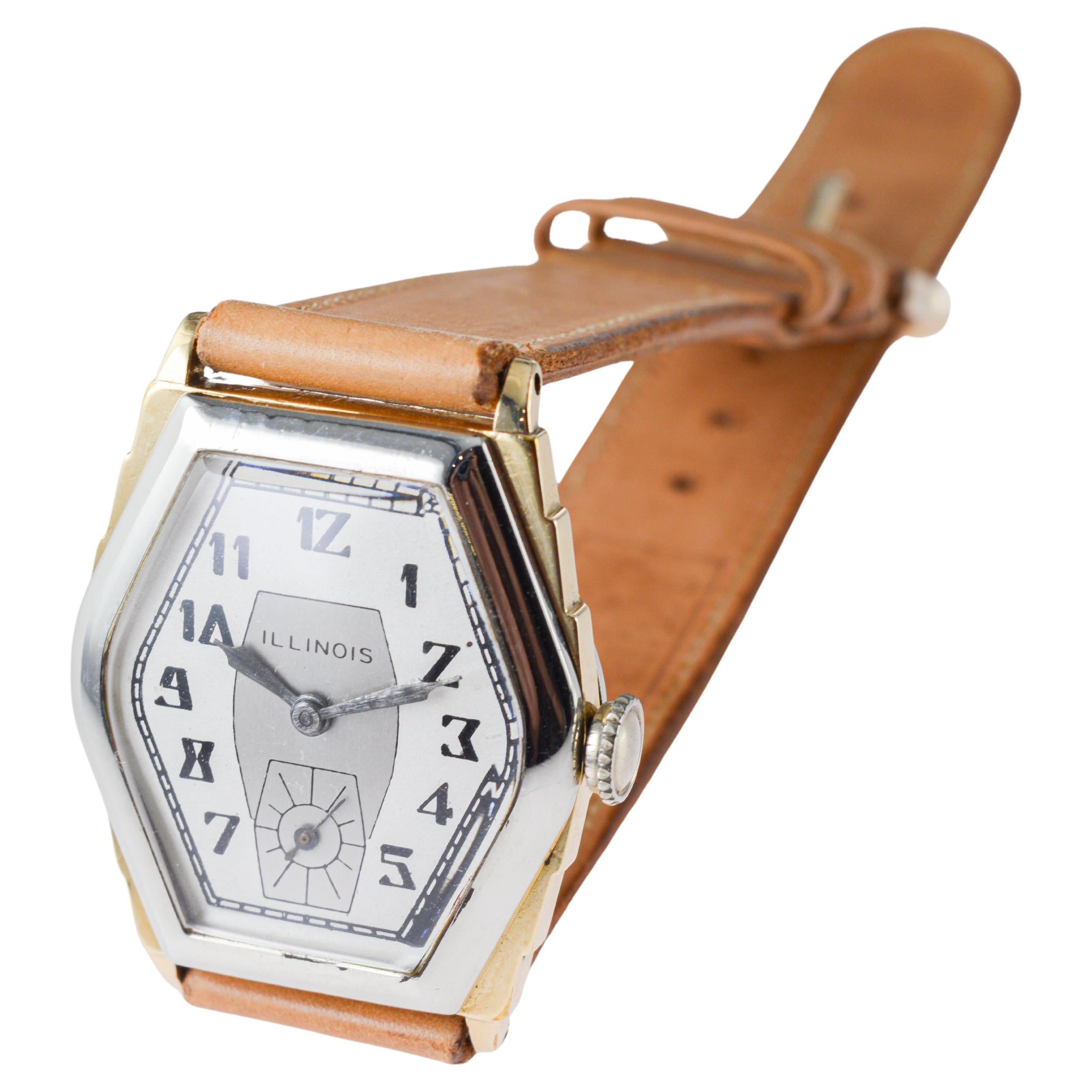 Reloj Art Déco Illinois bicolor circa 1931 con correa original de época en venta 10
