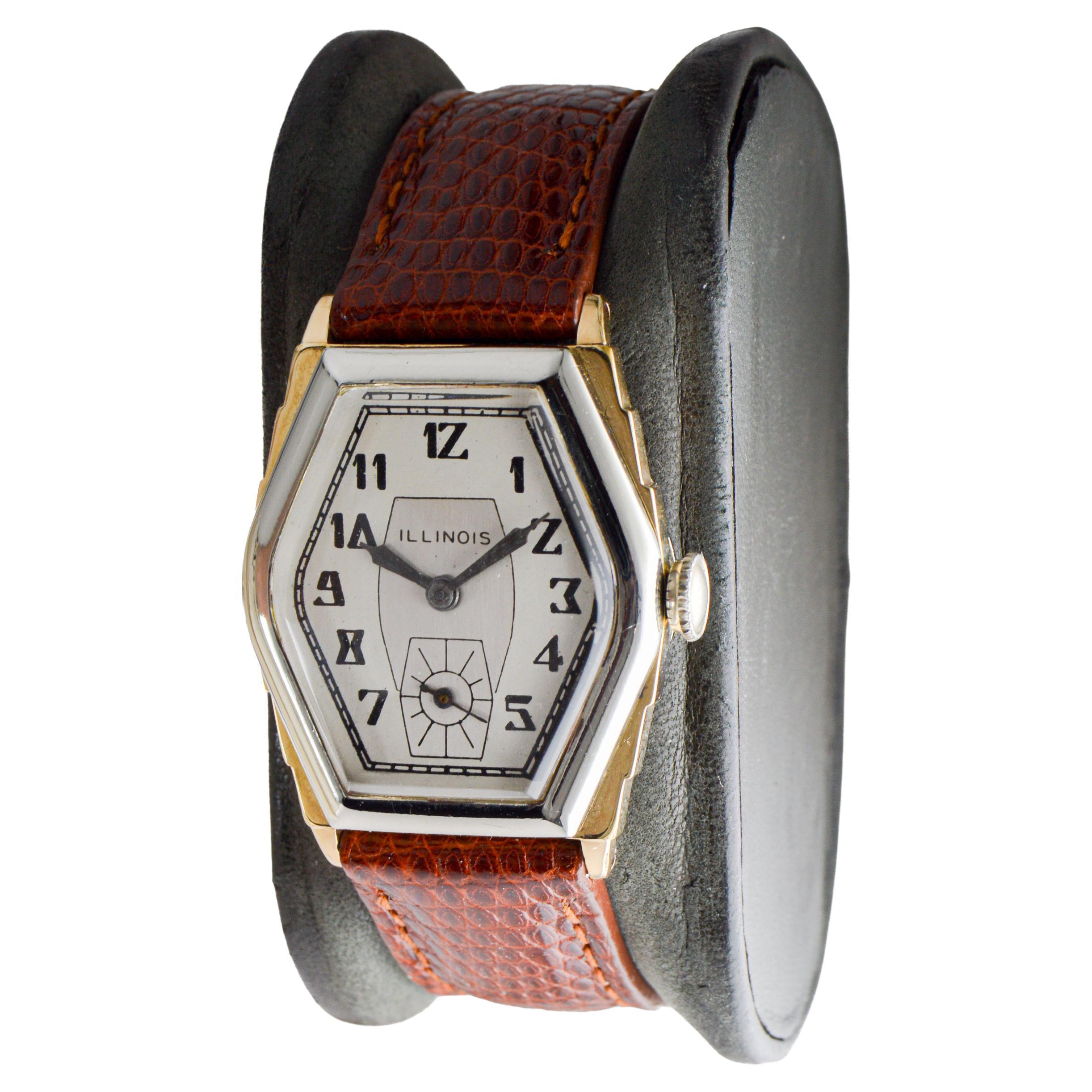 Reloj Art Déco Illinois bicolor circa 1931 con correa original de época en Excelente estado para la venta en Long Beach, CA