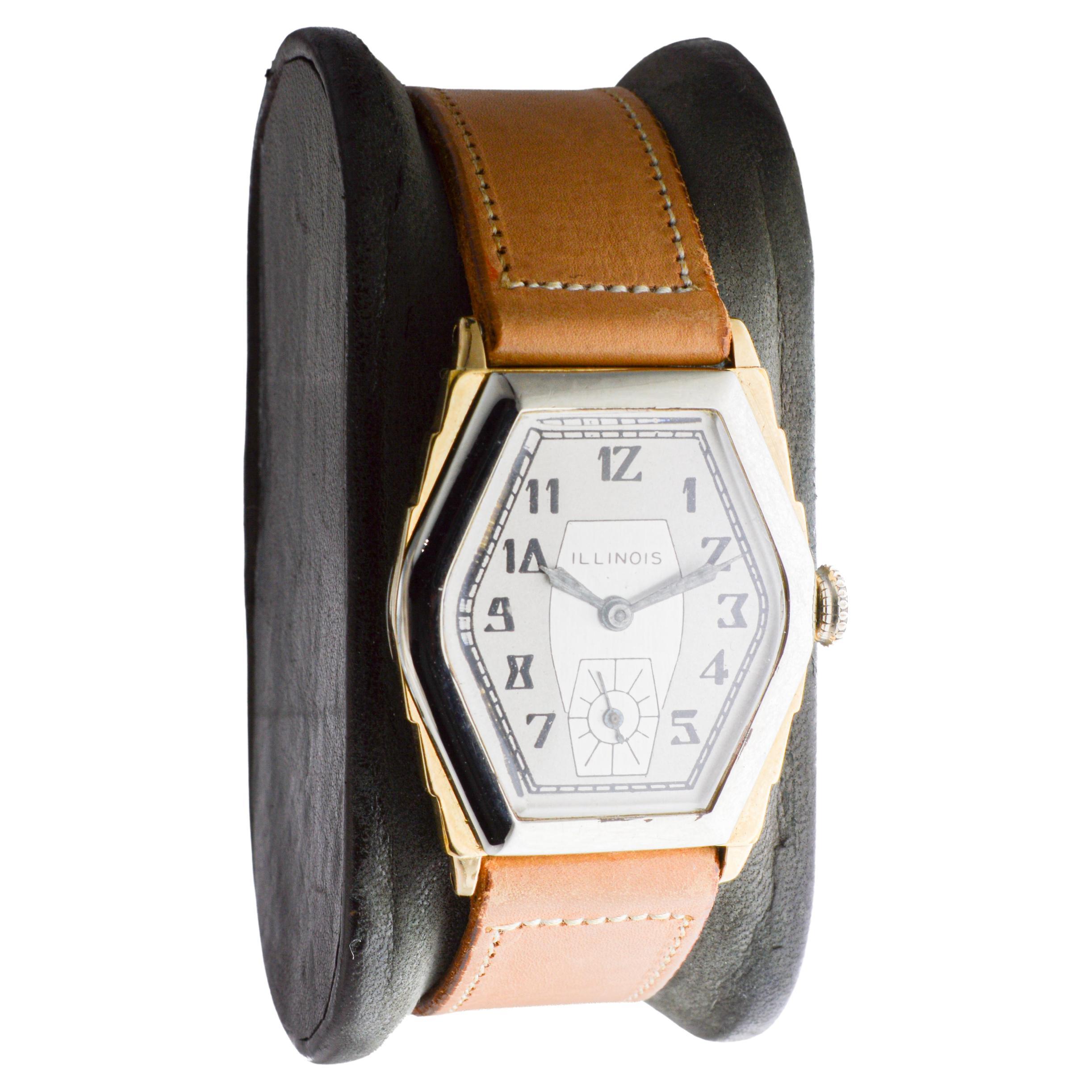 Reloj Art Déco Illinois bicolor circa 1931 con correa original de época en venta 3