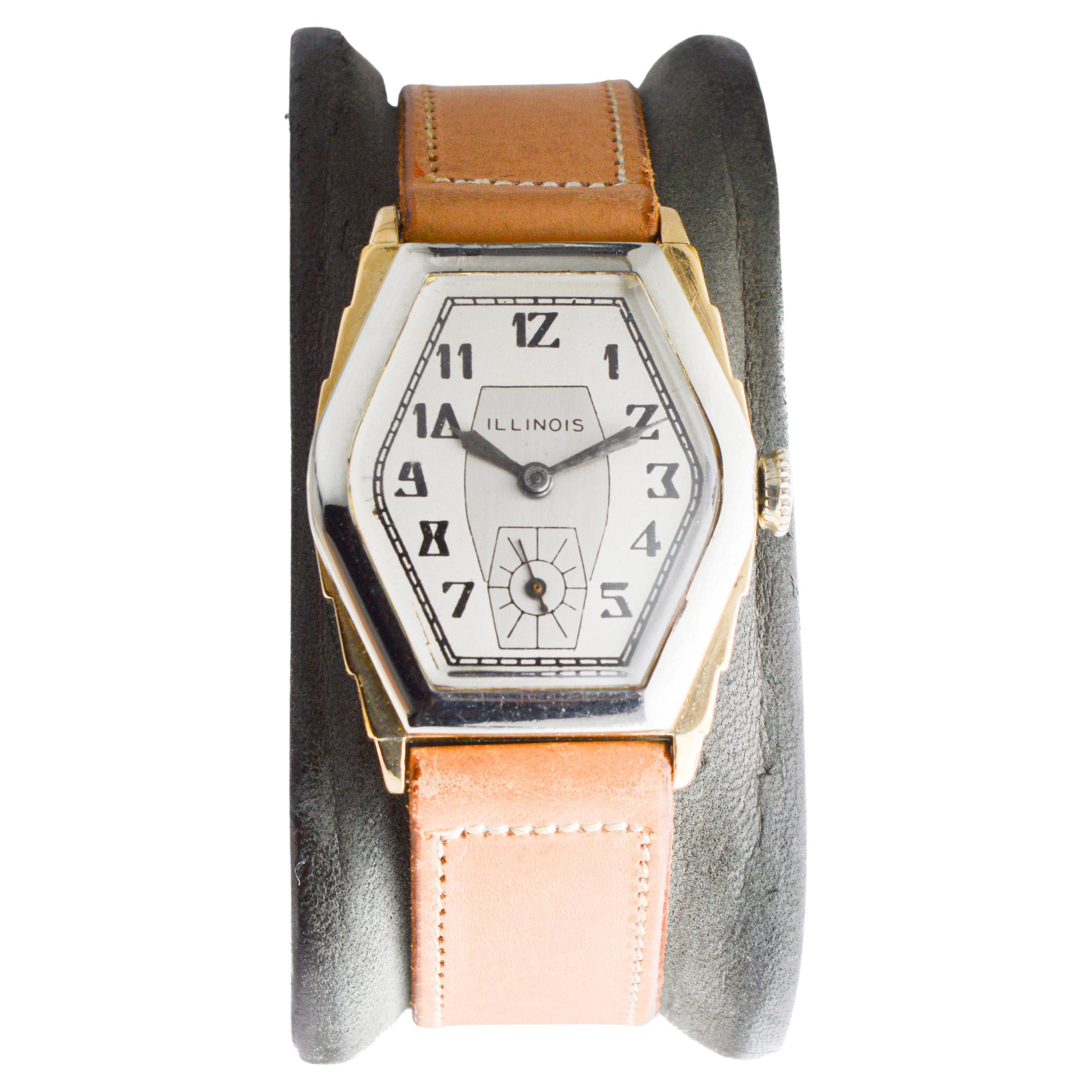 Reloj Art Déco Illinois bicolor circa 1931 con correa original de época en venta 4