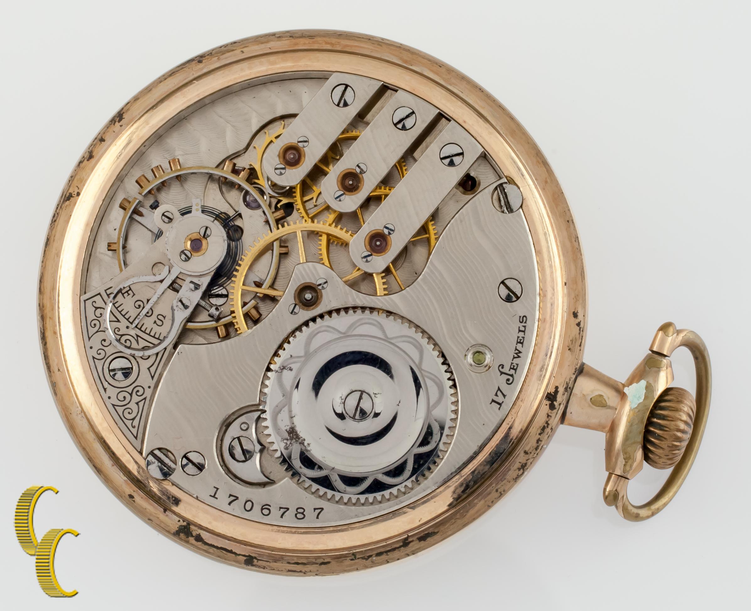 Art Déco Illinois Watch Co. Orologio da tasca antico a faccia aperta riempito d'oro, misura 16S in vendita