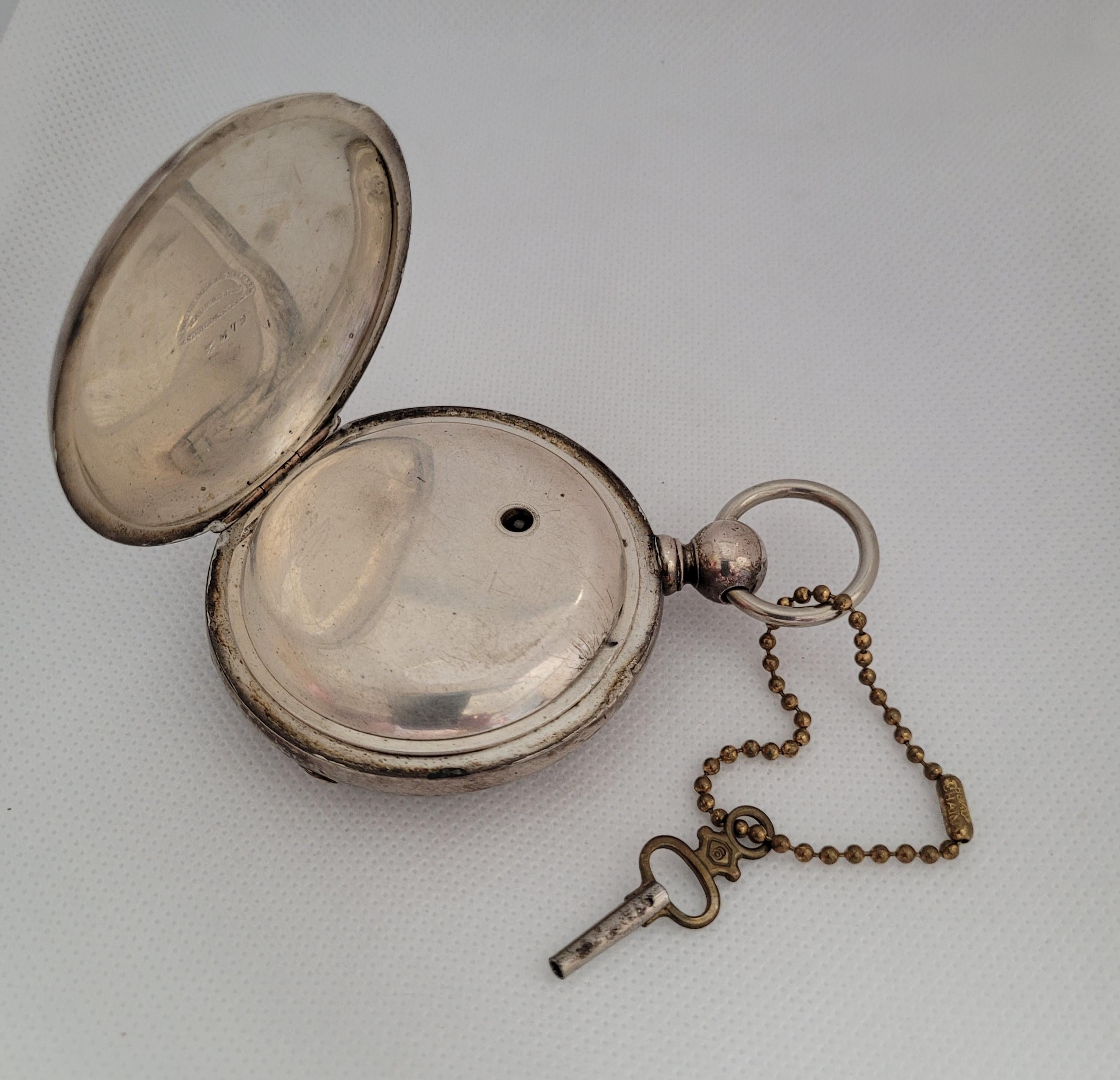 Illinois Watch Co. Pocket Watch Key Wind Working Sterling Silver 1886 Year In Good Condition In Rancho Santa Fe, CA
