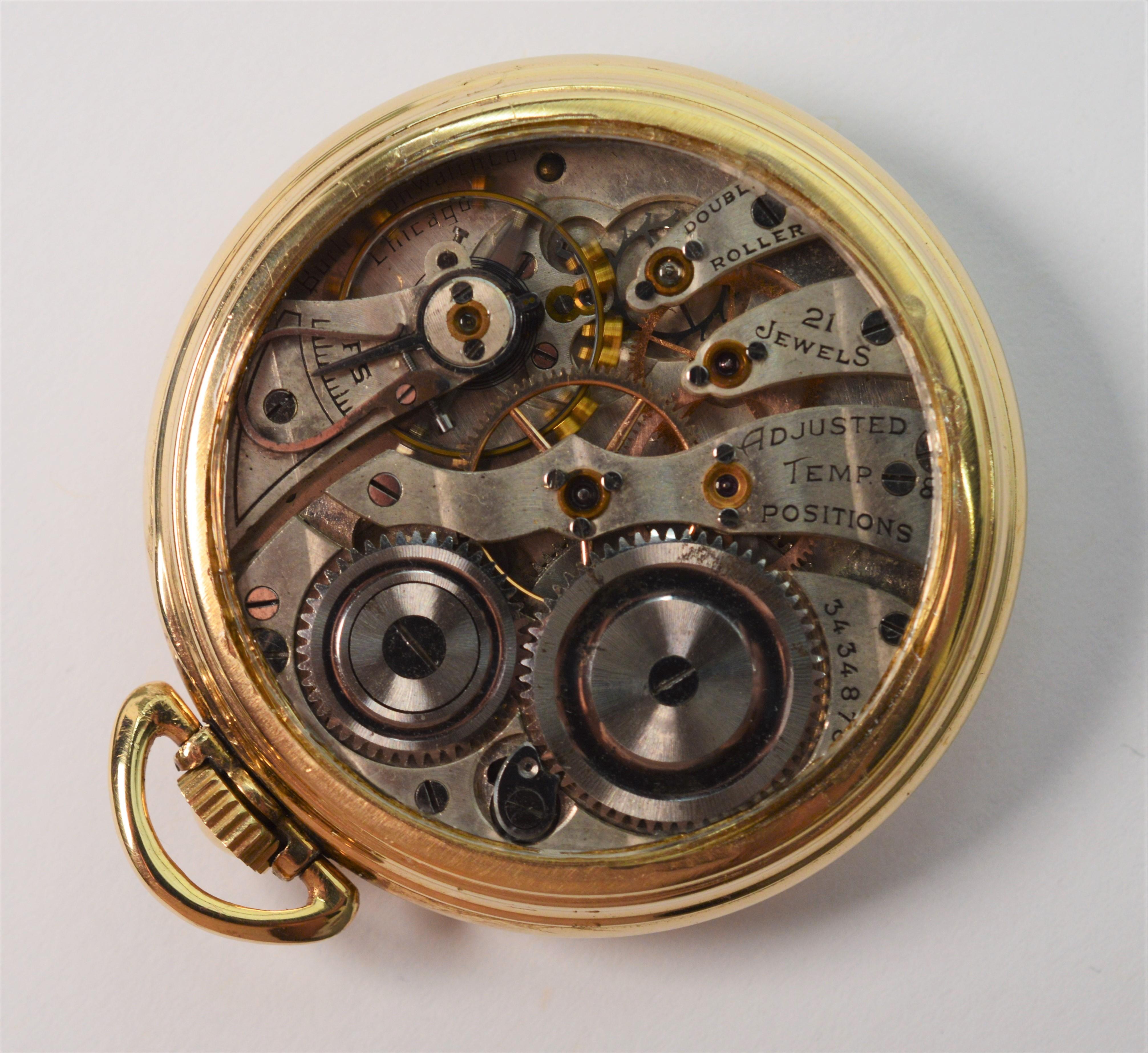 This sweet antique Illinois Watch Co. private label for Burlington Brass Pocket Watch, circa 1919 is converted to a skeleton watch with a glass display back for a mesmerizing view of its intricate twenty one  jeweled nickel movement with bridge