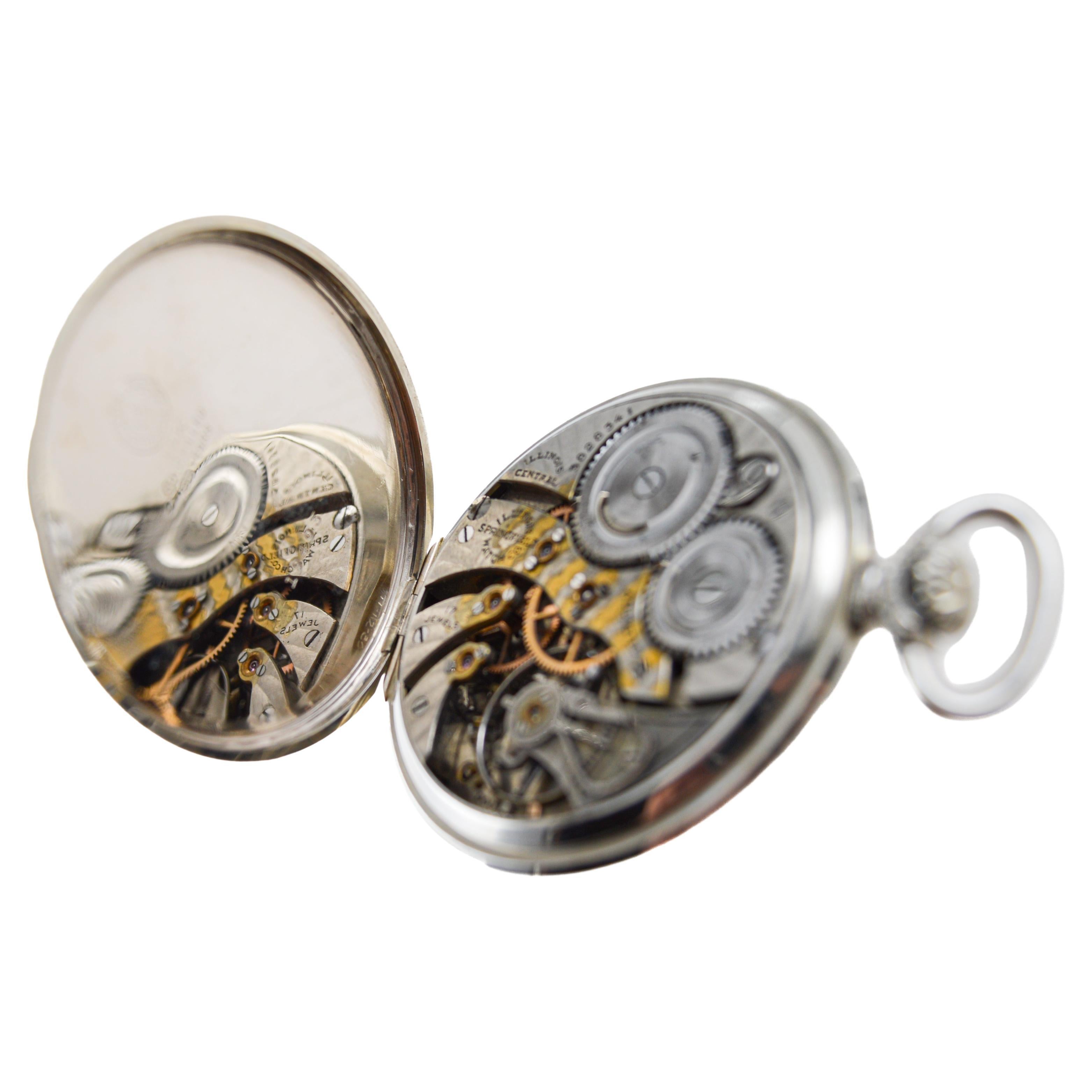 Illinois White Gold-Filled Art Deco Open Faced Pocket Watch Hand Engraved 1919 For Sale 6